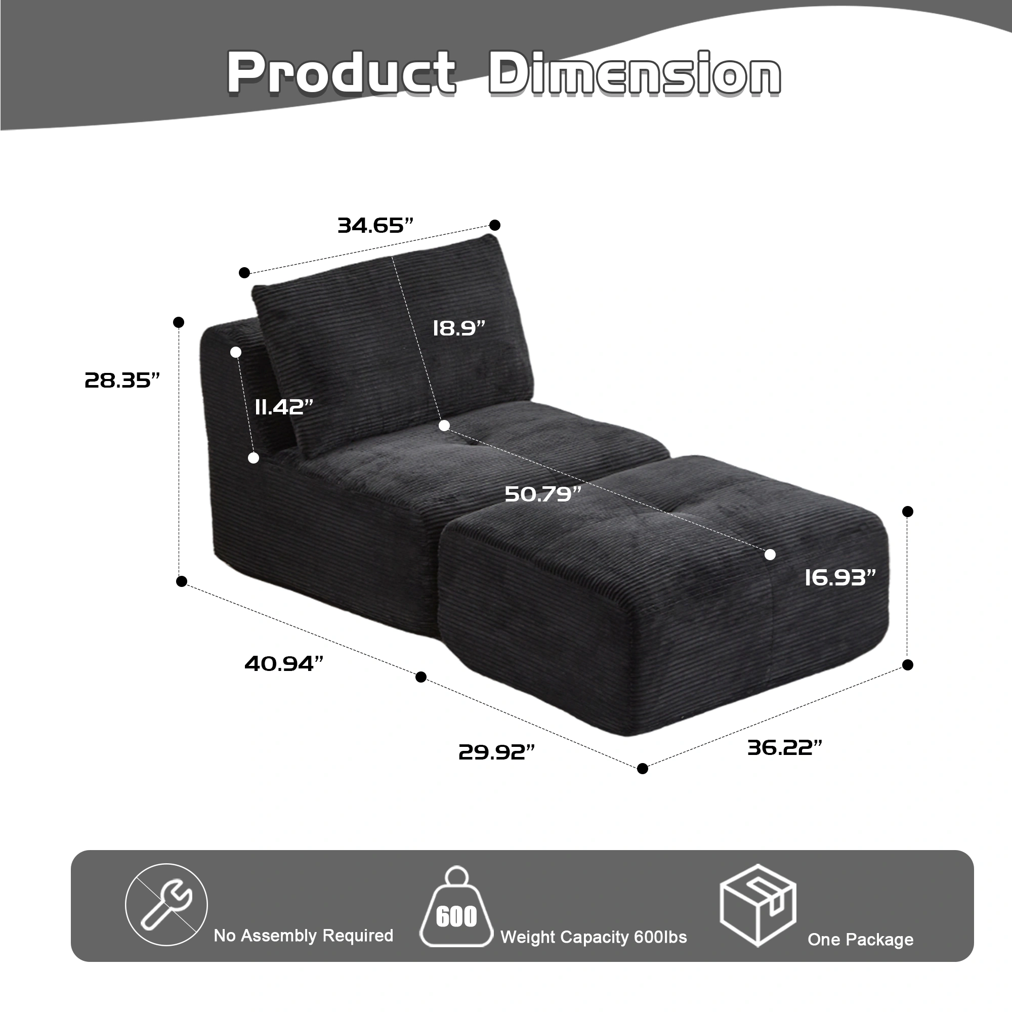 Modern Memory Foam Sectional Sofa with Chaise Lounge, Black Corduroy Modular Couch, Pet-Friendly Compressed Cloud Sofa, No Assembly, Includes Ottoman view 2