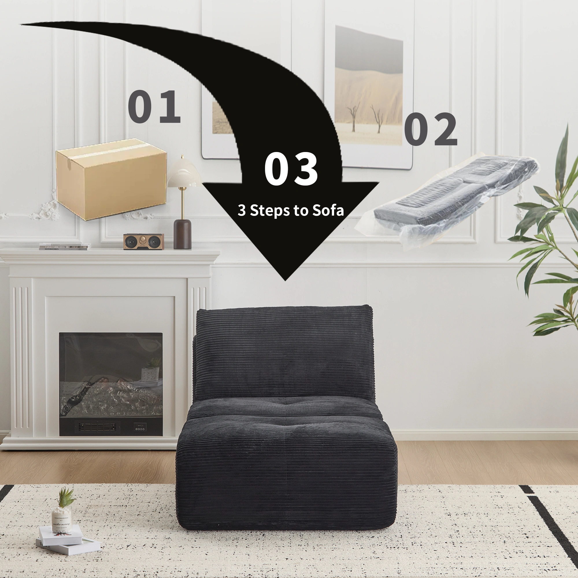 Modern Memory Foam Sectional Sofa with Chaise Lounge, Black Corduroy Modular Couch, Pet-Friendly Compressed Cloud Sofa, No Assembly, Includes Ottoman view 5