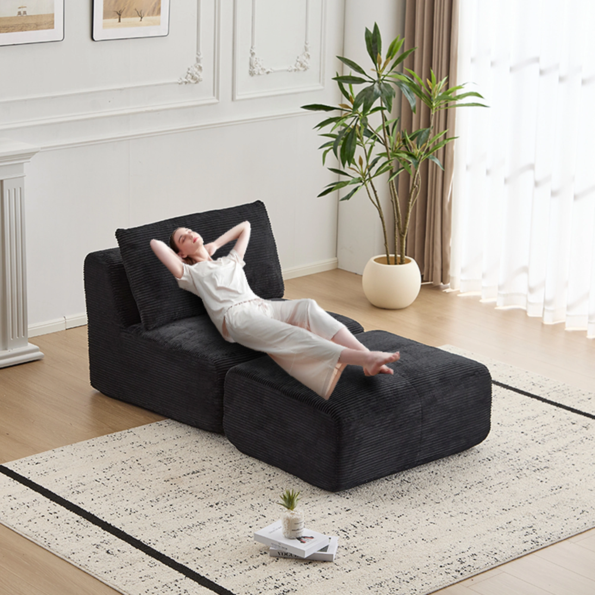 Modern Memory Foam Sectional Sofa with Chaise Lounge, Black Corduroy Modular Couch, Pet-Friendly Compressed Cloud Sofa, No Assembly, Includes Ottoman view 6