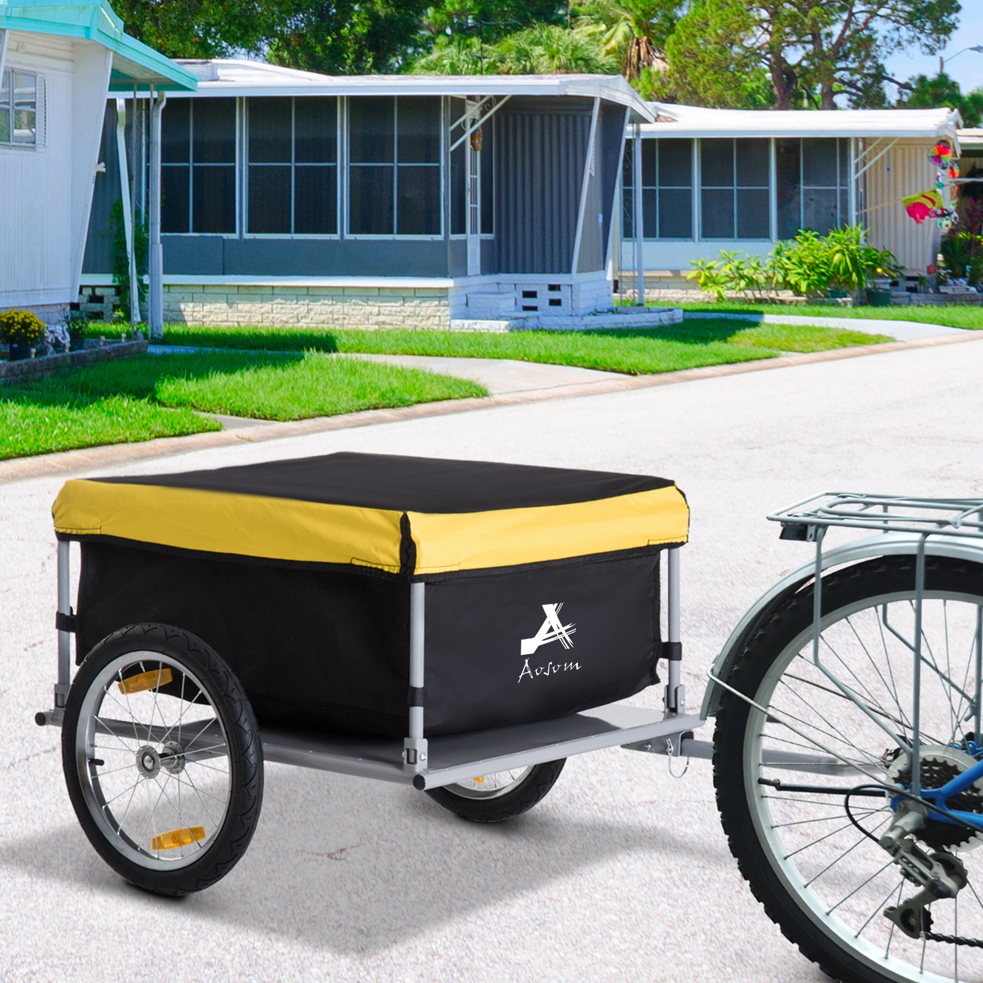 Bicycle Trailer Cart for Kids & Pets, 2-in-1 Foldable Bike Hauler with Safety Flag, Storage Basket, Weather Cover view 6