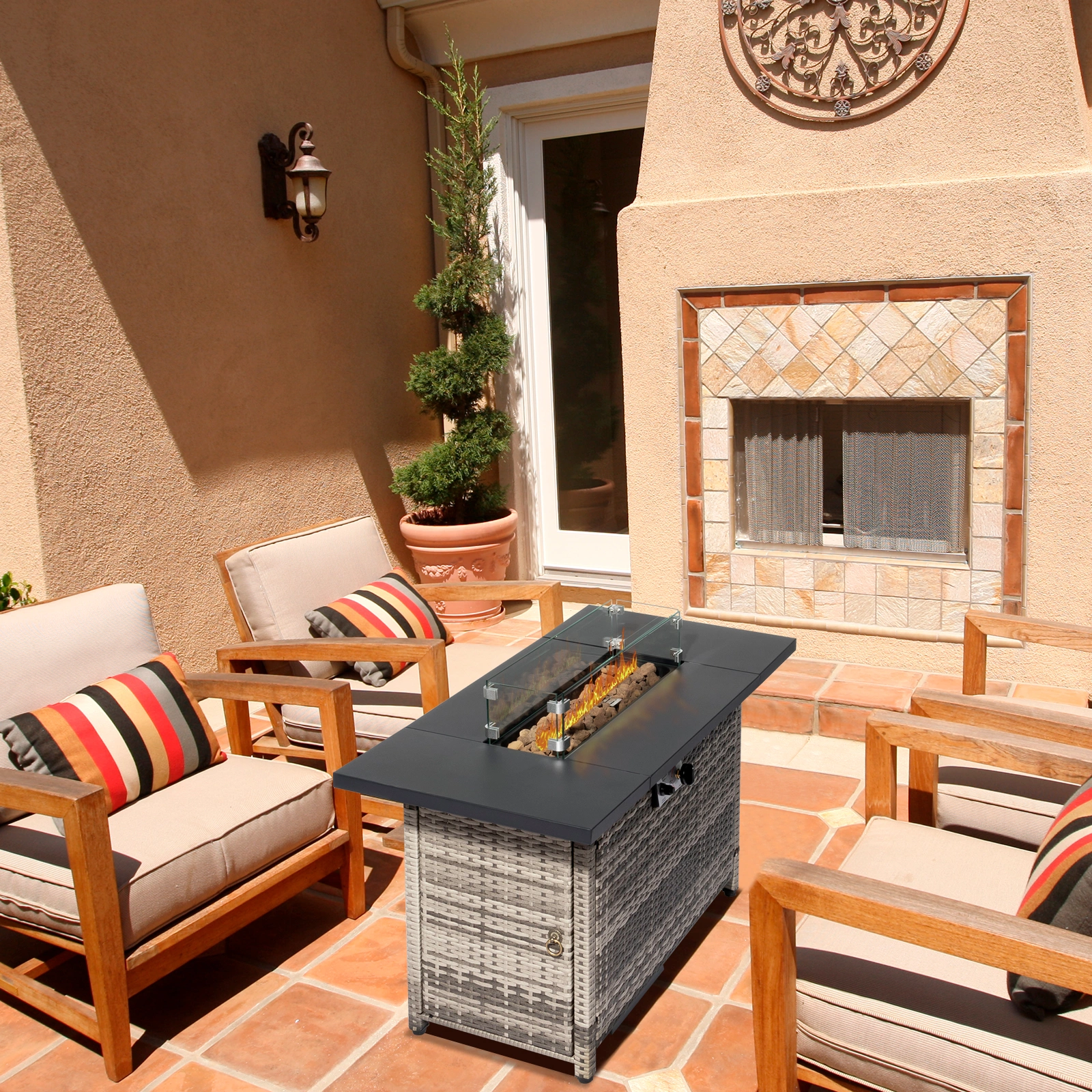 43-Inch Fire Table,50000 BTU Gas Firepit with Volcanic Stone Black view 11