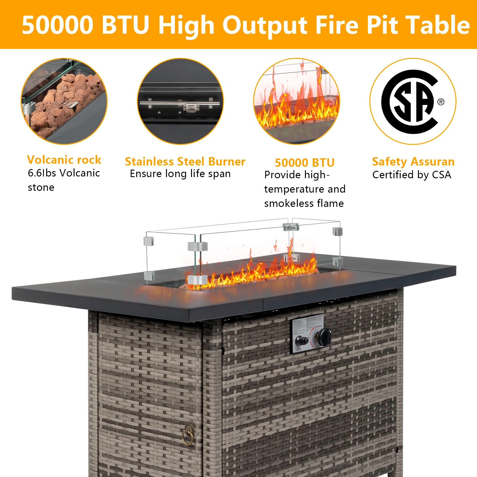 43-Inch Fire Table,50000 BTU Gas Firepit with Volcanic Stone Black view 8