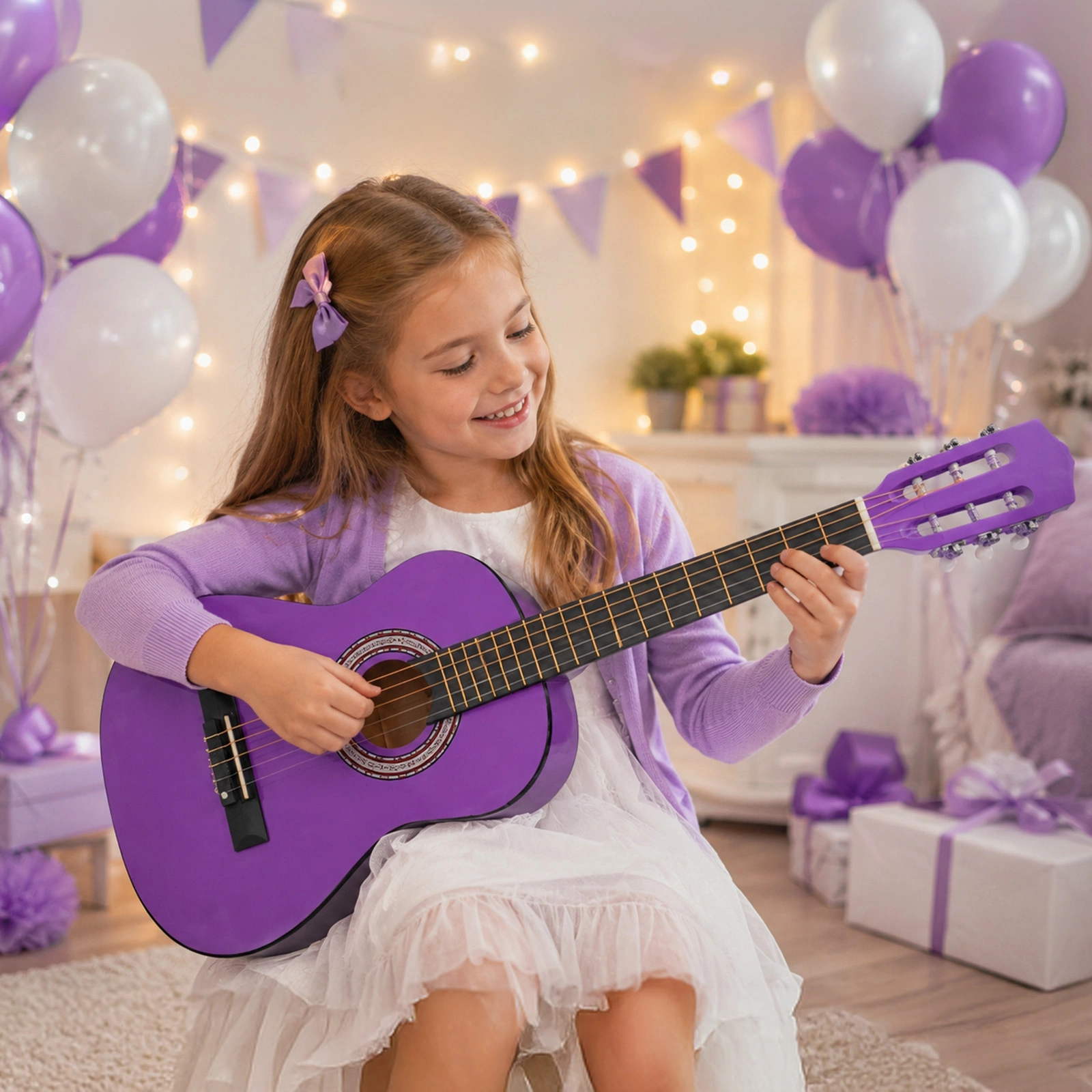 Purple 30-inch Round Acoustic Guitar with Picks, Strings, Capo, Case, Tuner, and Strap view 8