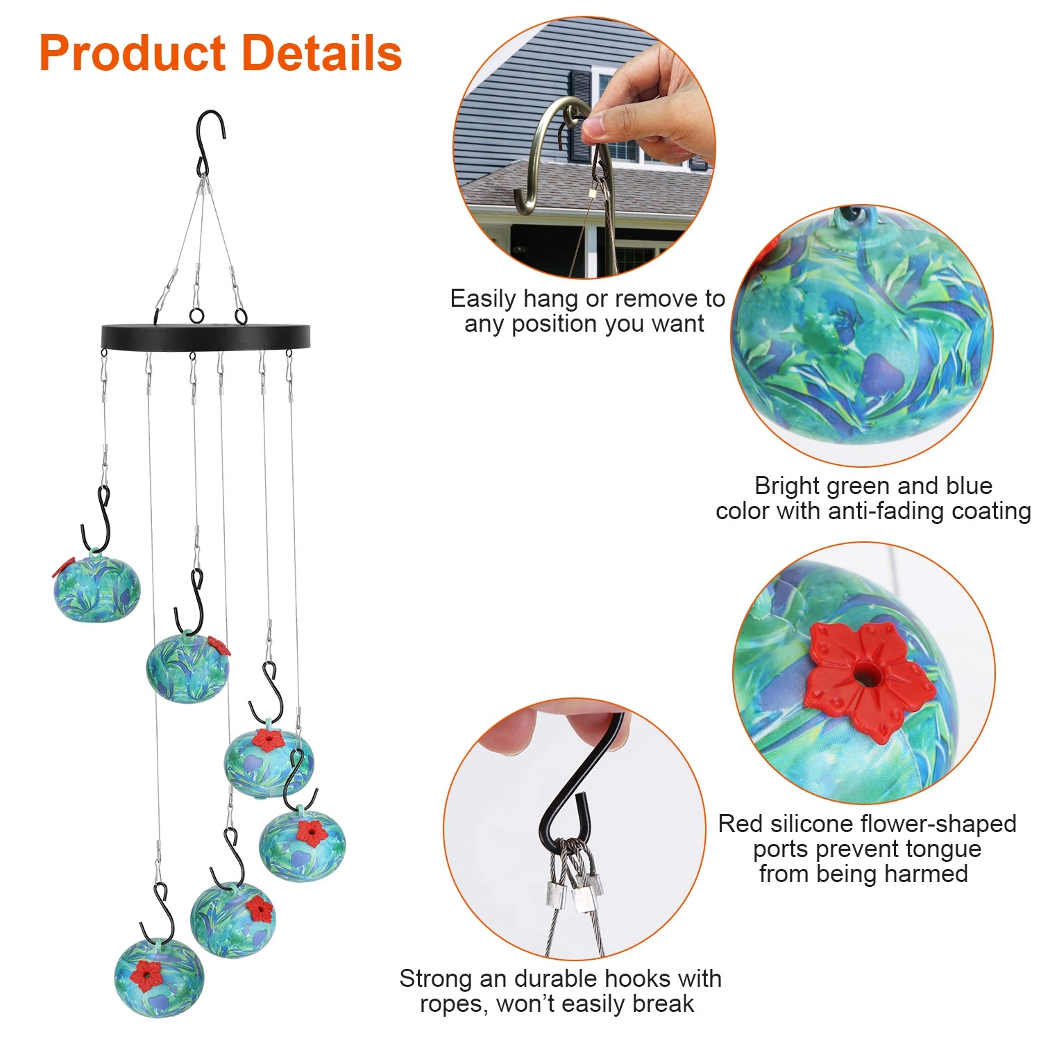Wind Chimes Hummingbird Feeder for Outdoors Hanging, Unique Bird Feeder with Tongue-Protection Design, Garden Patio Yard Decor, Ideal Gift for Bird Lovers view 7