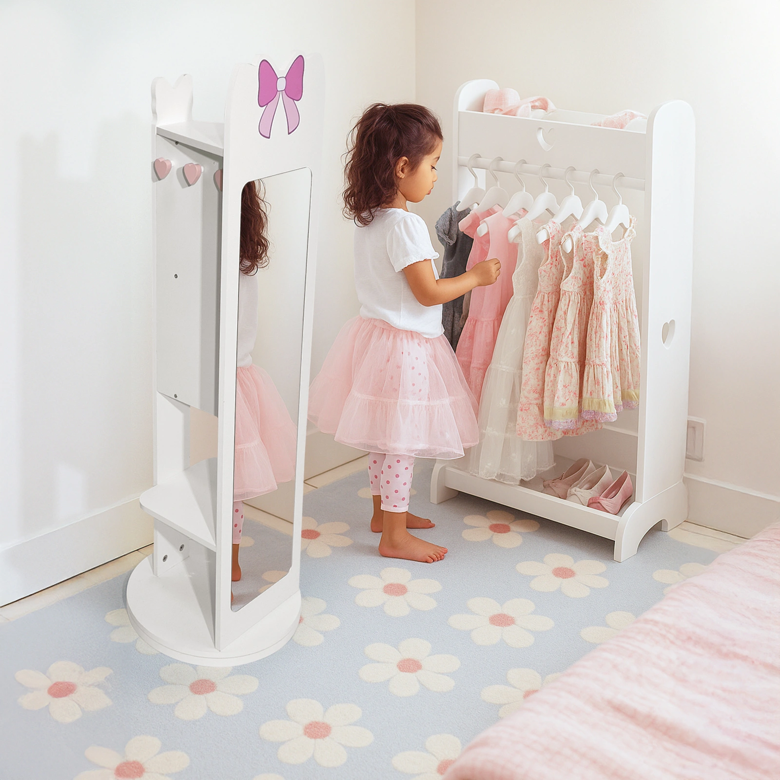 White Bow Pattern MDF Children's Jewelry Mirror Cabinet, 1-Door 1-Shelf Rotatable Bottom, Painted Finish Storage view 10