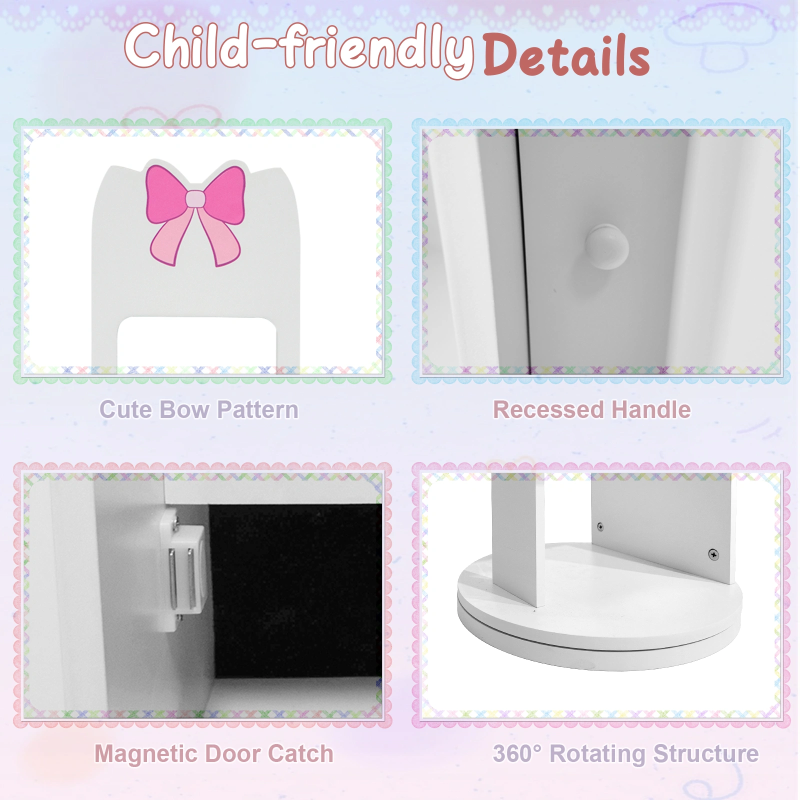 White Bow Pattern MDF Children's Jewelry Mirror Cabinet, 1-Door 1-Shelf Rotatable Bottom, Painted Finish Storage view 13