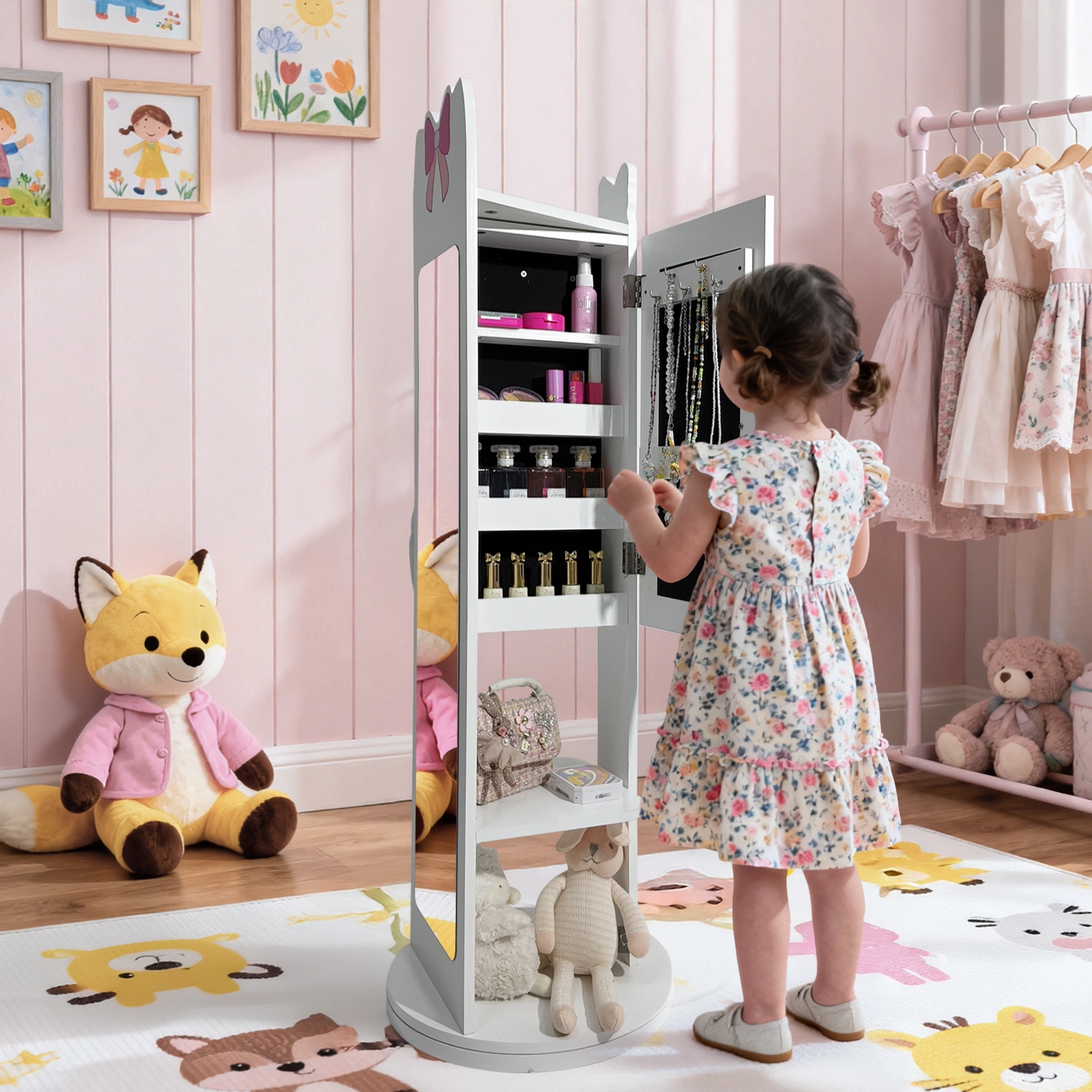 White Bow Pattern MDF Children's Jewelry Mirror Cabinet, 1-Door 1-Shelf Rotatable Bottom, Painted Finish Storage view 15