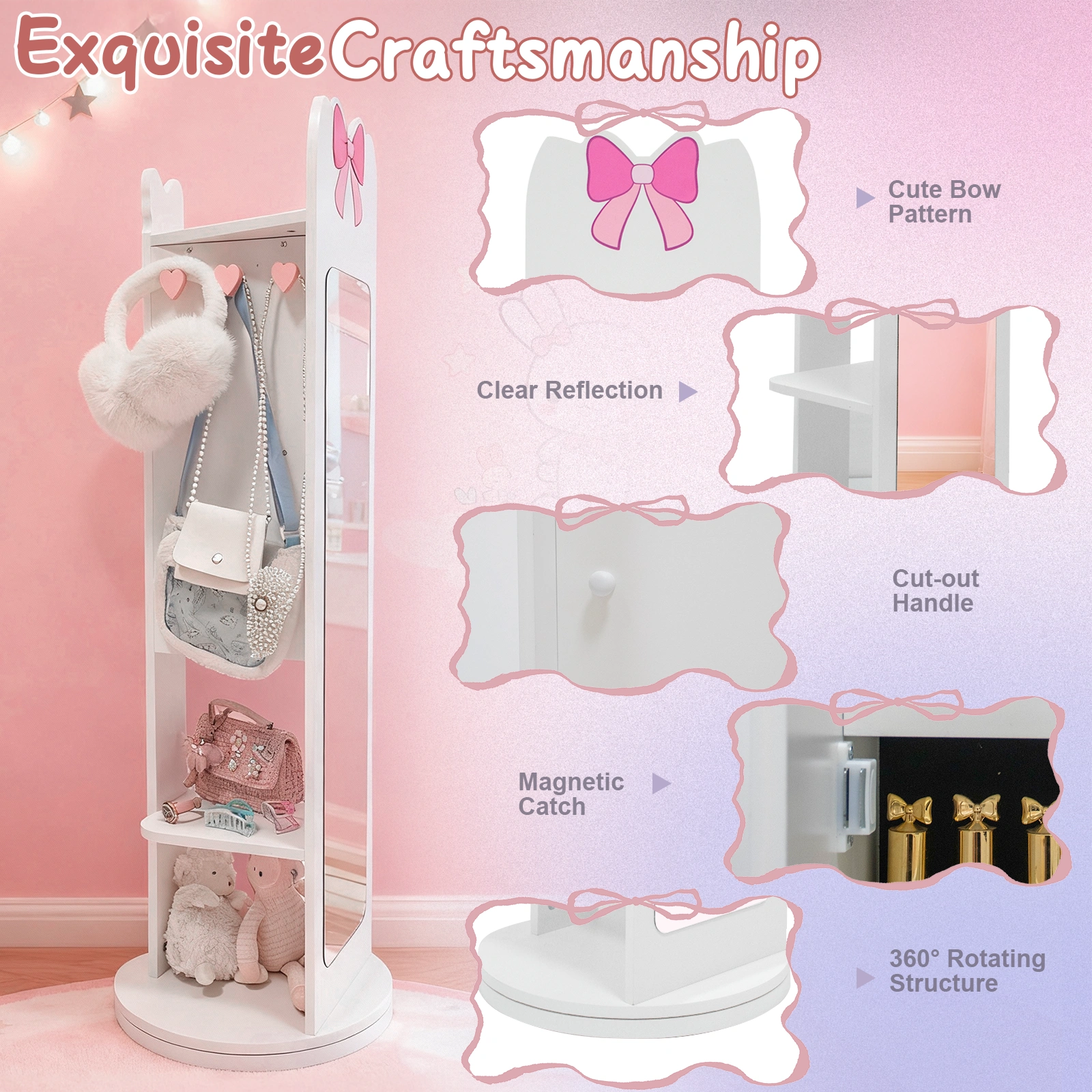 White Bow Pattern MDF Children's Jewelry Mirror Cabinet, 1-Door 1-Shelf Rotatable Bottom, Painted Finish Storage view 20