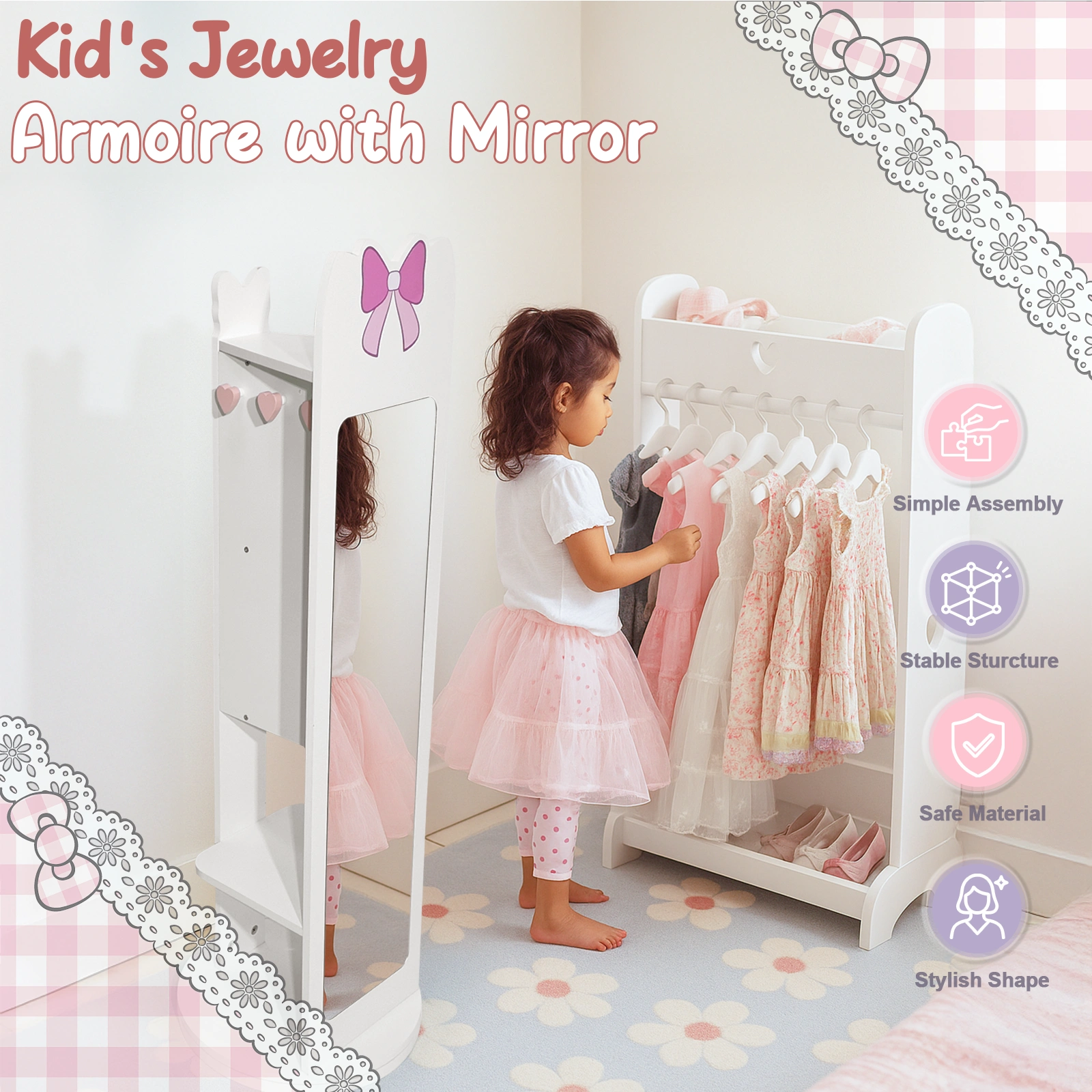 White Bow Pattern MDF Children's Jewelry Mirror Cabinet, 1-Door 1-Shelf Rotatable Bottom, Painted Finish Storage view 21