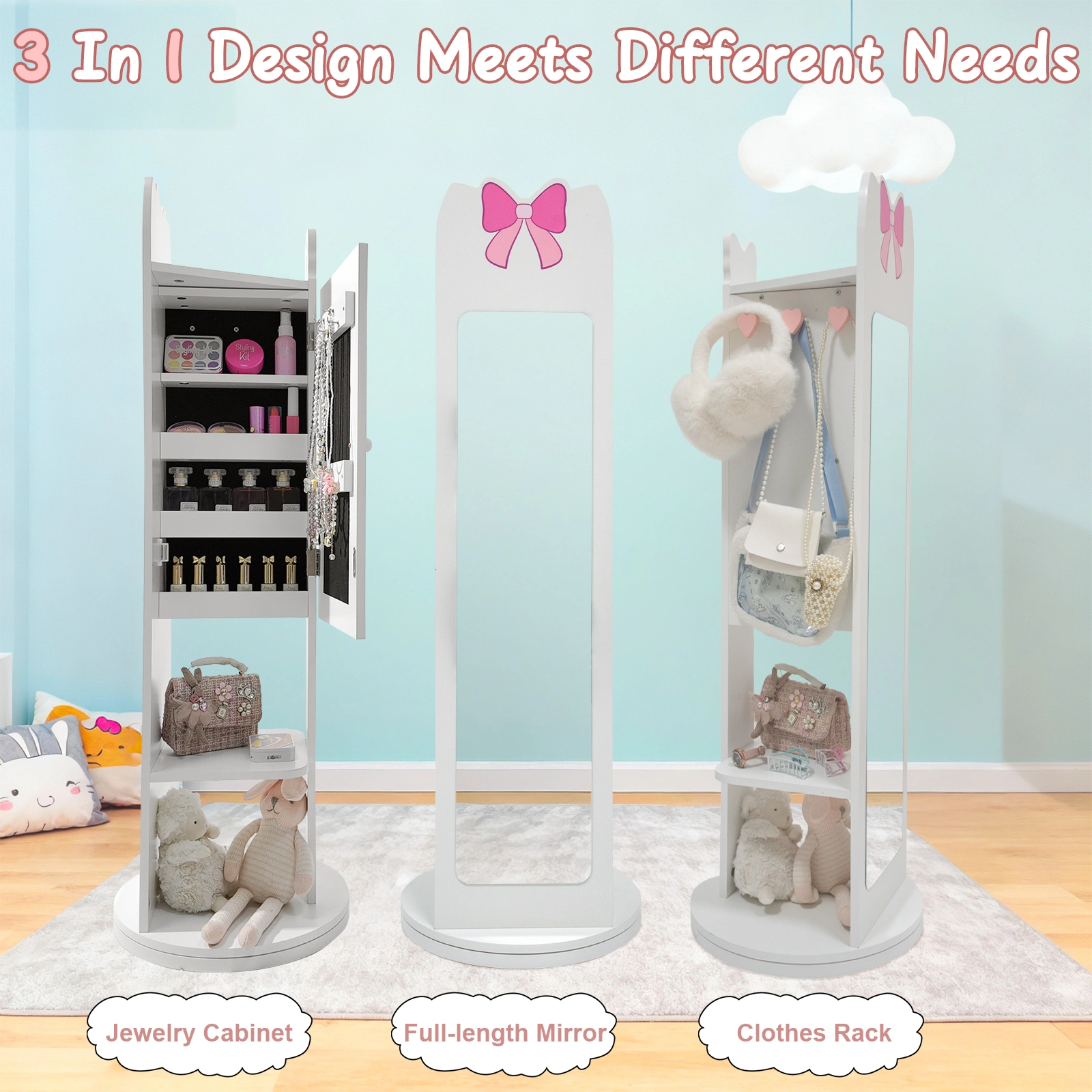 White Bow Pattern MDF Children's Jewelry Mirror Cabinet, 1-Door 1-Shelf Rotatable Bottom, Painted Finish Storage view 8