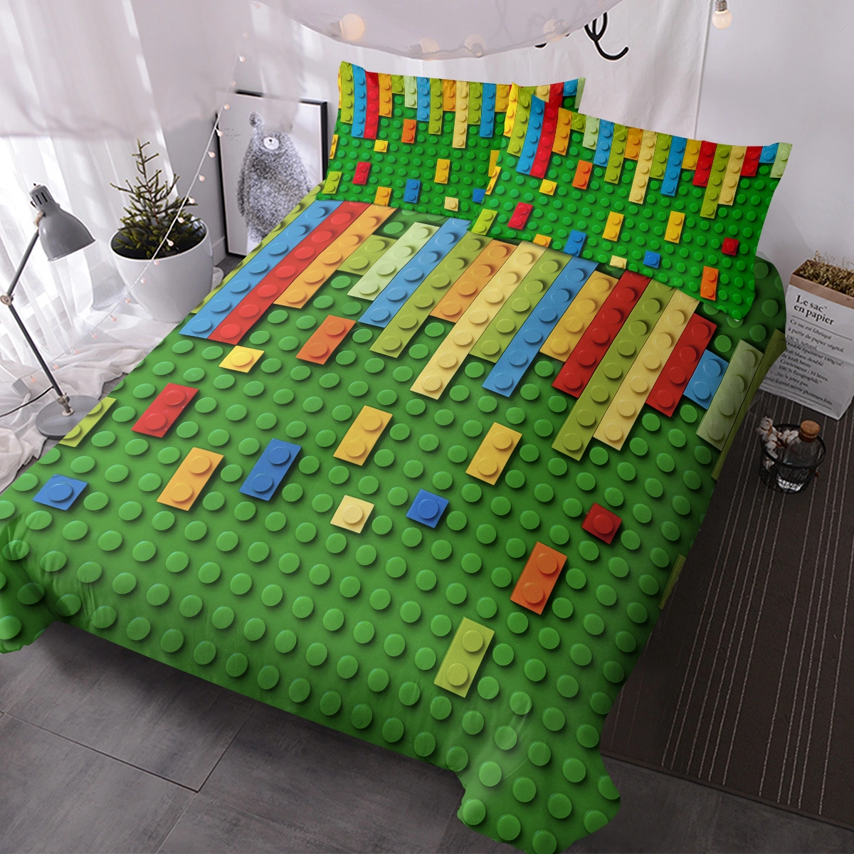 Green Blocks Duvet Cover Set 3-Piece Colorful Microfiber Kids Bedding Single Size