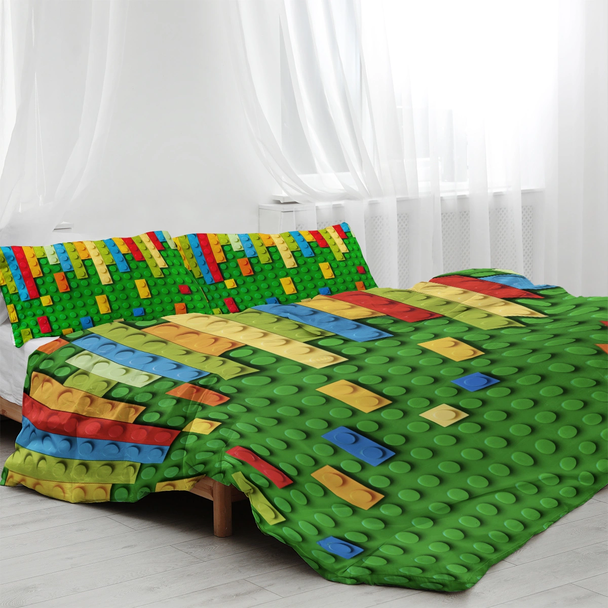 Green Blocks Duvet Cover Set 3-Piece Colorful Microfiber Kids Bedding Single Size view 3