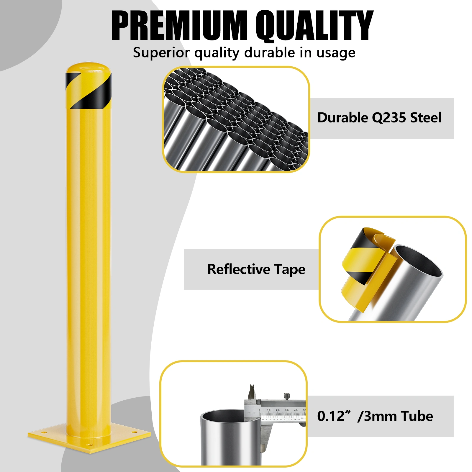 42 Inch Steel Parking Bollard, 4.5" Diameter Yellow Powder Coated Safety Bollard Covers, Traffic Barrier Post for Sensitive Areas view 3