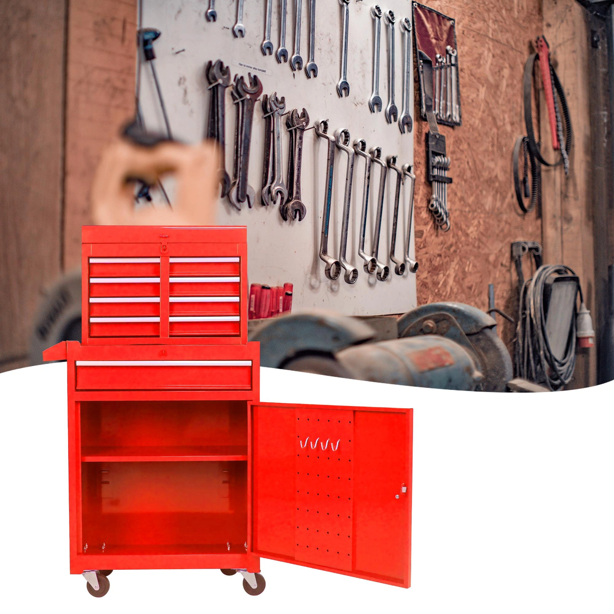 Detachable 5 Drawer Tool Chest with Bottom Cabinet and One Adjustable Shelf--Red view 2