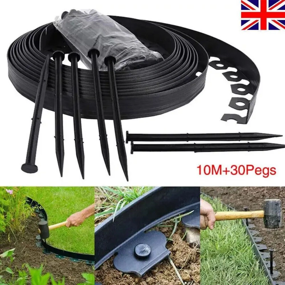 10m Garden Lawn Border with 30 Plastic Stakes Path Edging for Driveway Flower Bed Plants