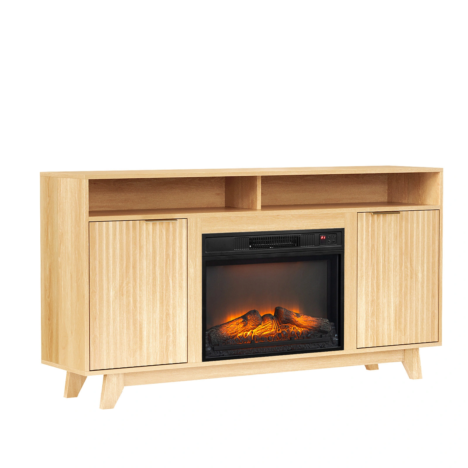 Oak Fireplace TV Stand with 23 Inch Insert, Double Grid Doors, Gold Handles & 2 Shelves, Media Console 58 x 13.6 x 32 Inch view 2