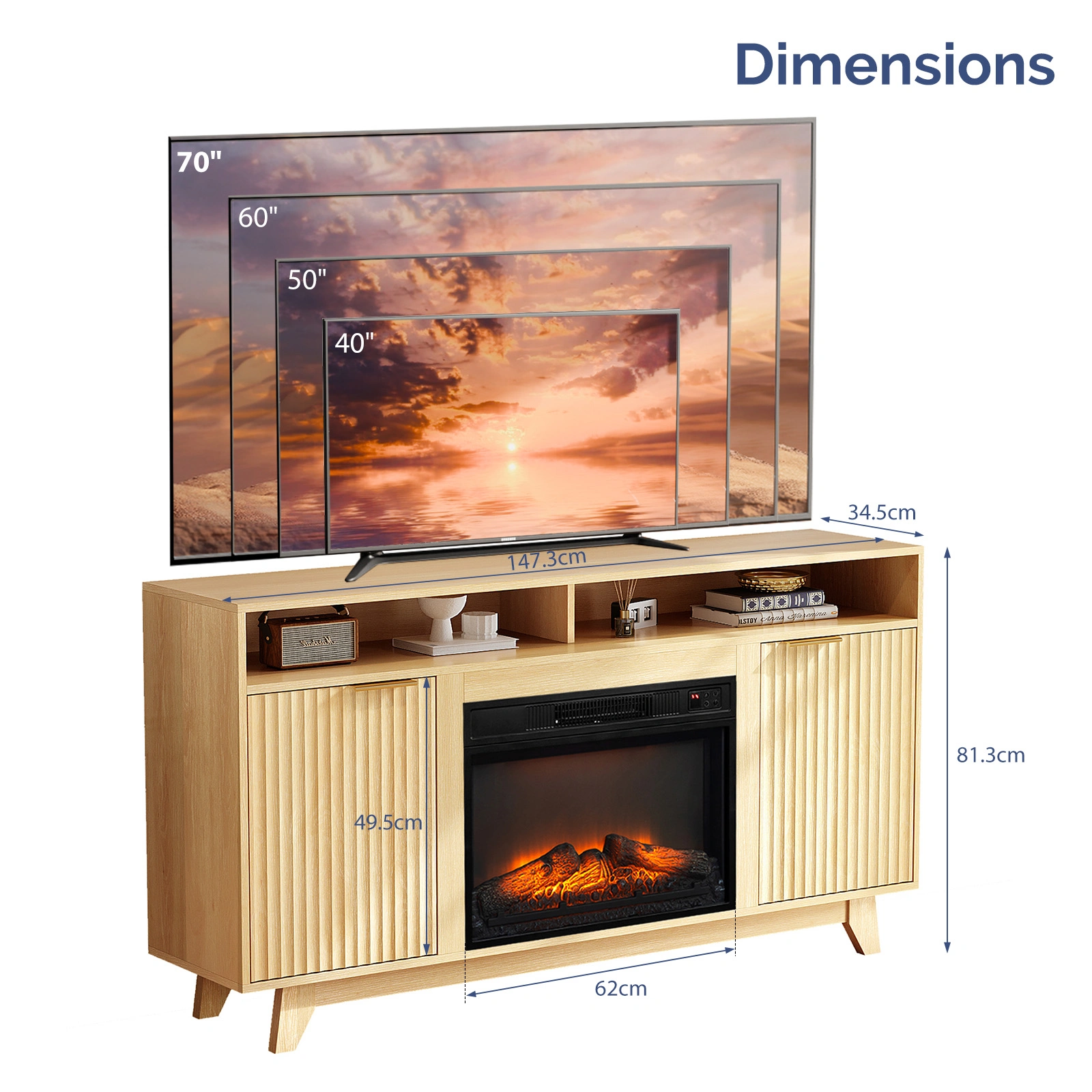 Oak Fireplace TV Stand with 23 Inch Insert, Double Grid Doors, Gold Handles & 2 Shelves, Media Console 58 x 13.6 x 32 Inch view 6