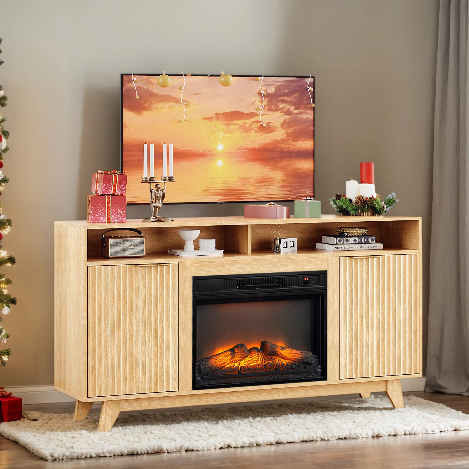 Oak Fireplace TV Stand with 23 Inch Insert, Double Grid Doors, Gold Handles & 2 Shelves, Media Console 58 x 13.6 x 32 Inch view 7