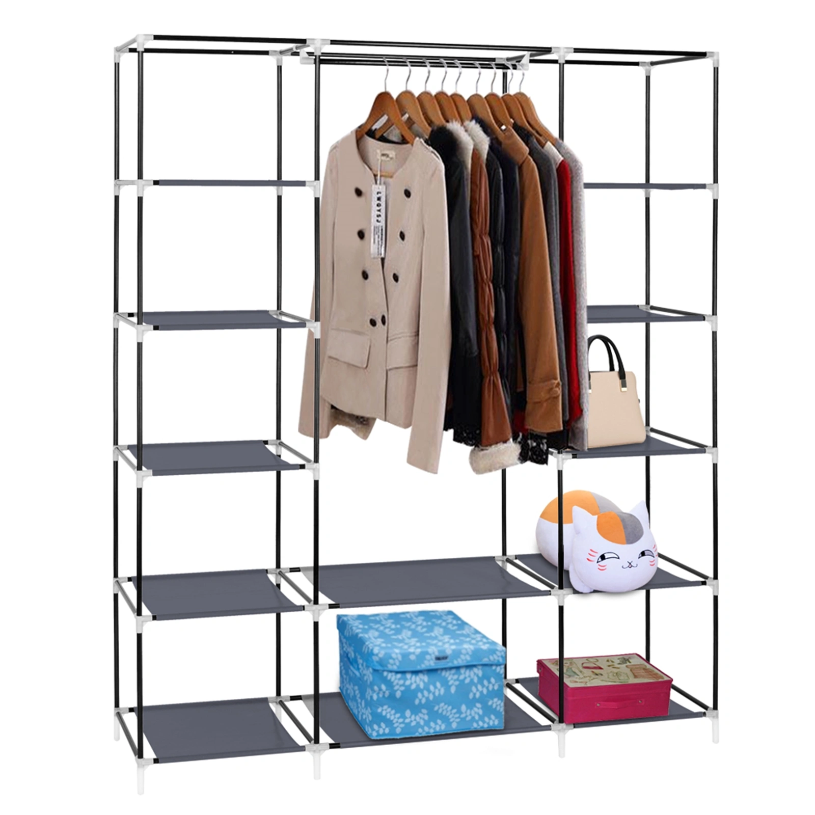 69 Inch Portable Clothes Closet Wardrobe Storage Organizer with Non-Woven Fabric, Quick Assemble, Extra Strong & Durable, Gray view 11
