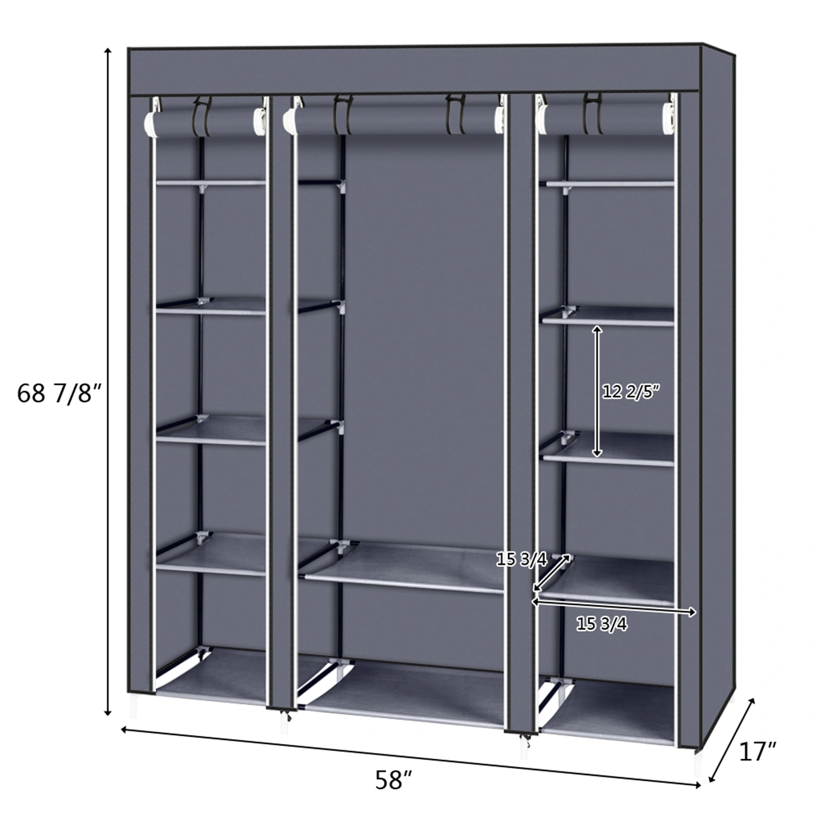 69 Inch Portable Clothes Closet Wardrobe Storage Organizer with Non-Woven Fabric, Quick Assemble, Extra Strong & Durable, Gray view 19