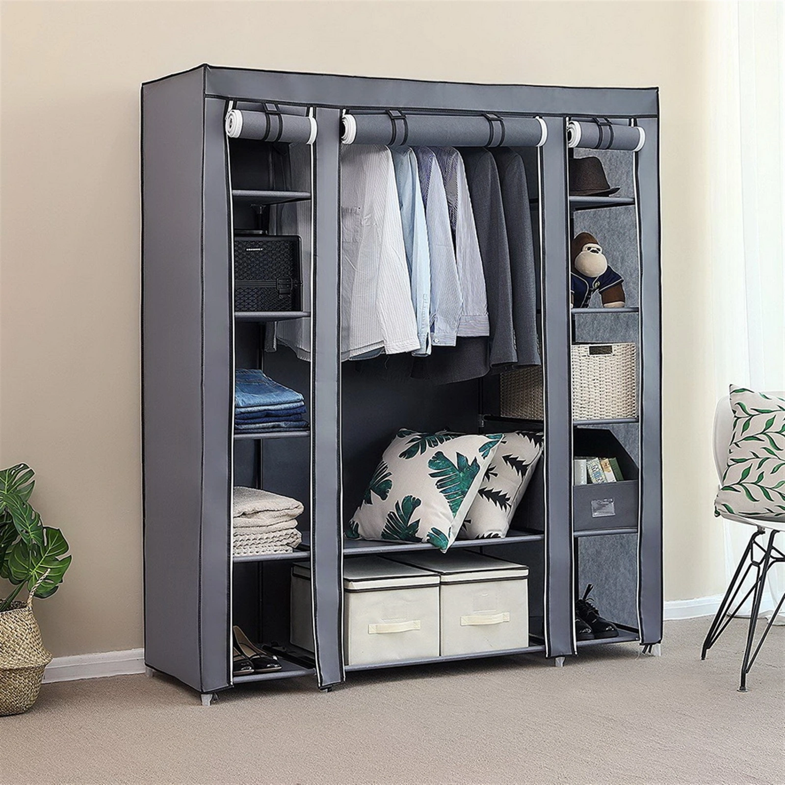 69 Inch Portable Clothes Closet Wardrobe Storage Organizer with Non-Woven Fabric, Quick Assemble, Extra Strong & Durable, Gray view 2