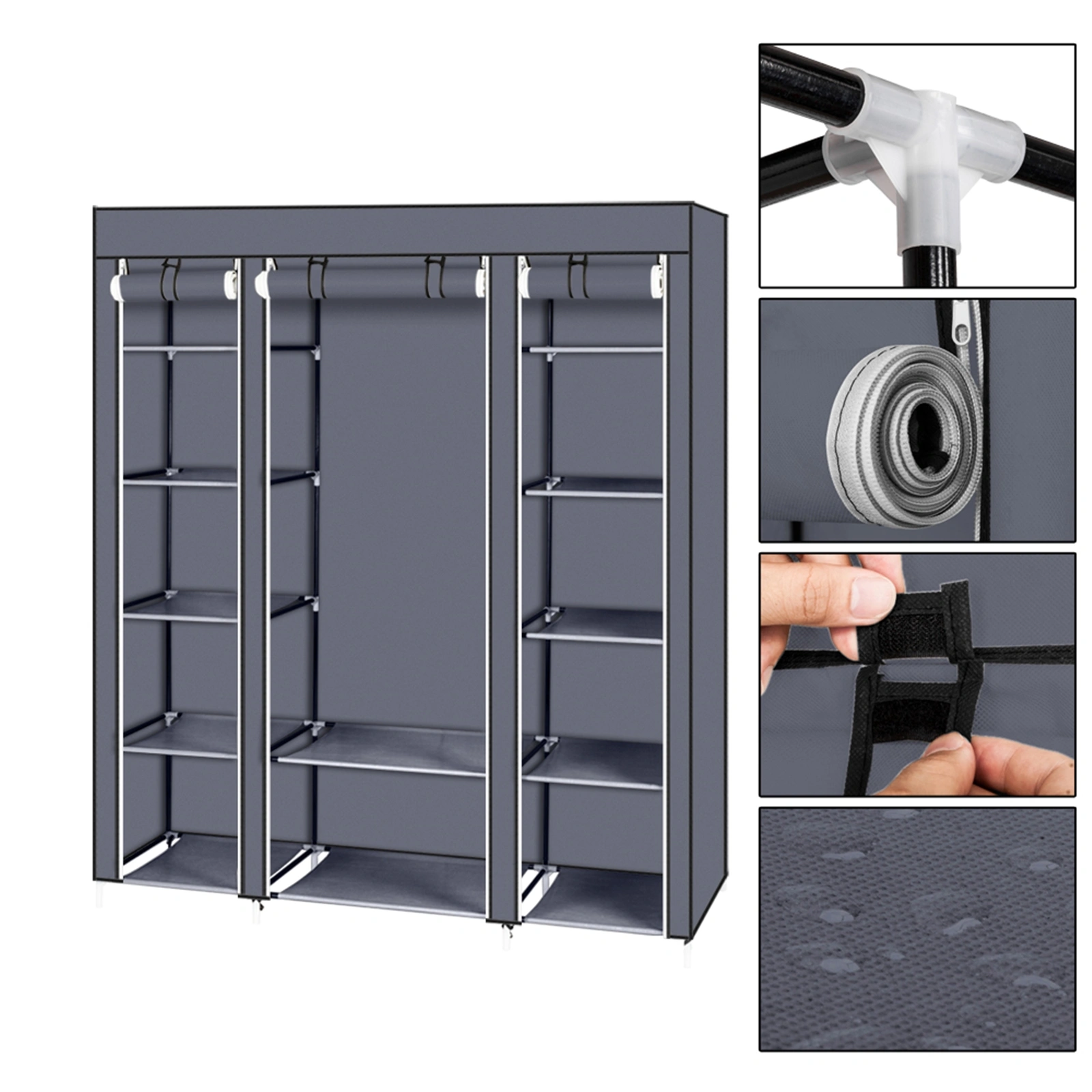69 Inch Portable Clothes Closet Wardrobe Storage Organizer with Non-Woven Fabric, Quick Assemble, Extra Strong & Durable, Gray view 20