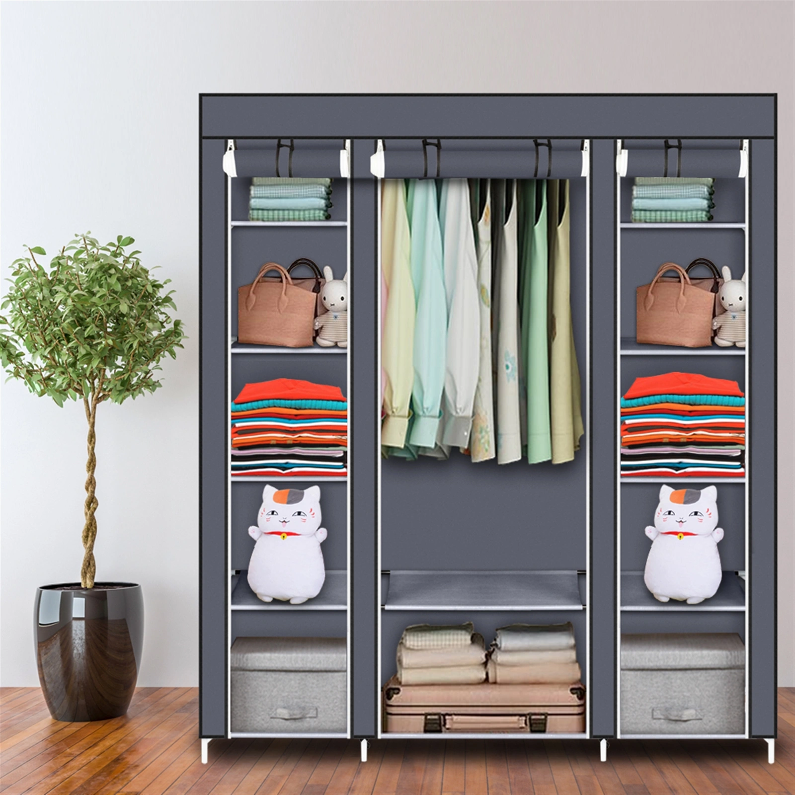 69 Inch Portable Clothes Closet Wardrobe Storage Organizer with Non-Woven Fabric, Quick Assemble, Extra Strong & Durable, Gray view 21
