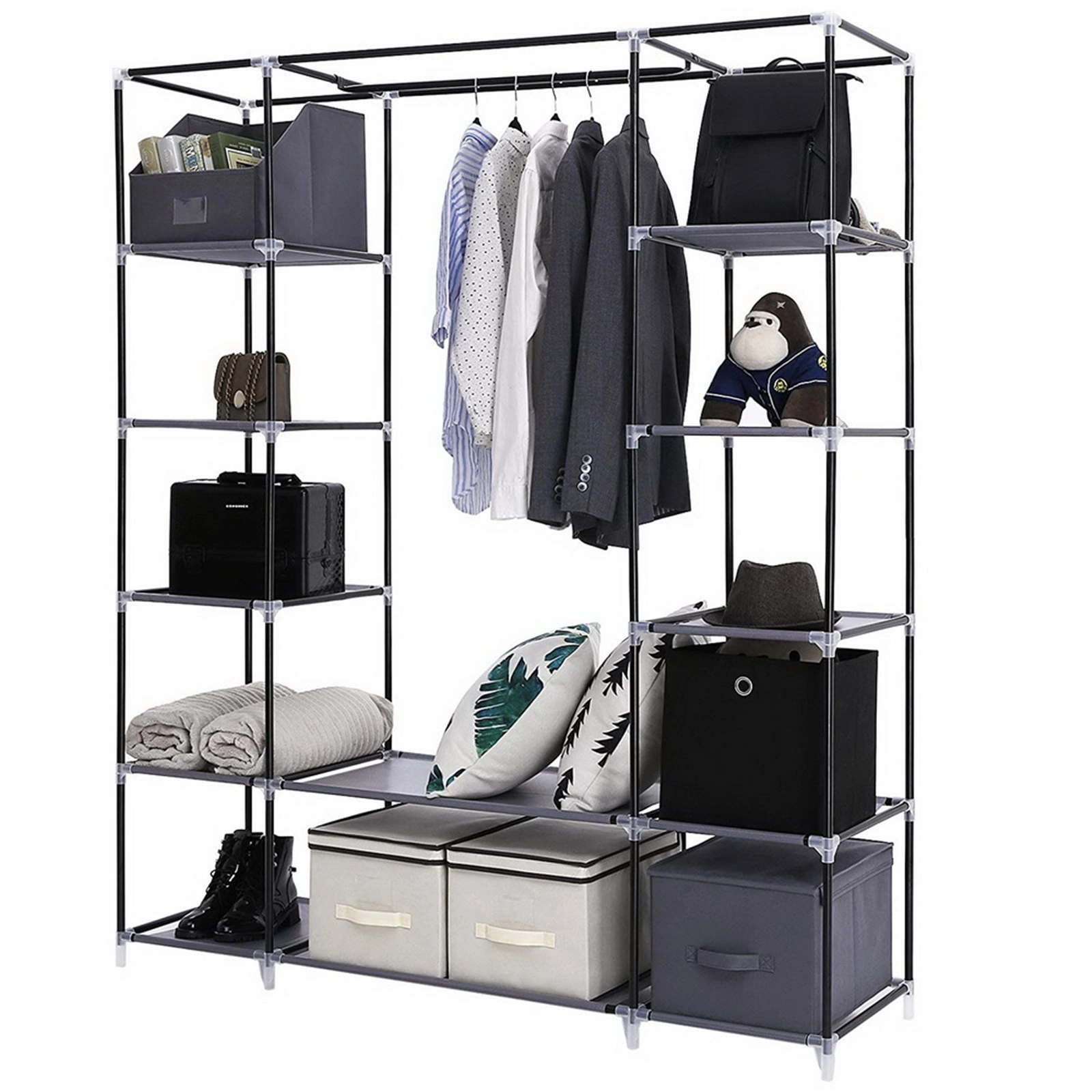 69 Inch Portable Clothes Closet Wardrobe Storage Organizer with Non-Woven Fabric, Quick Assemble, Extra Strong & Durable, Gray view 4