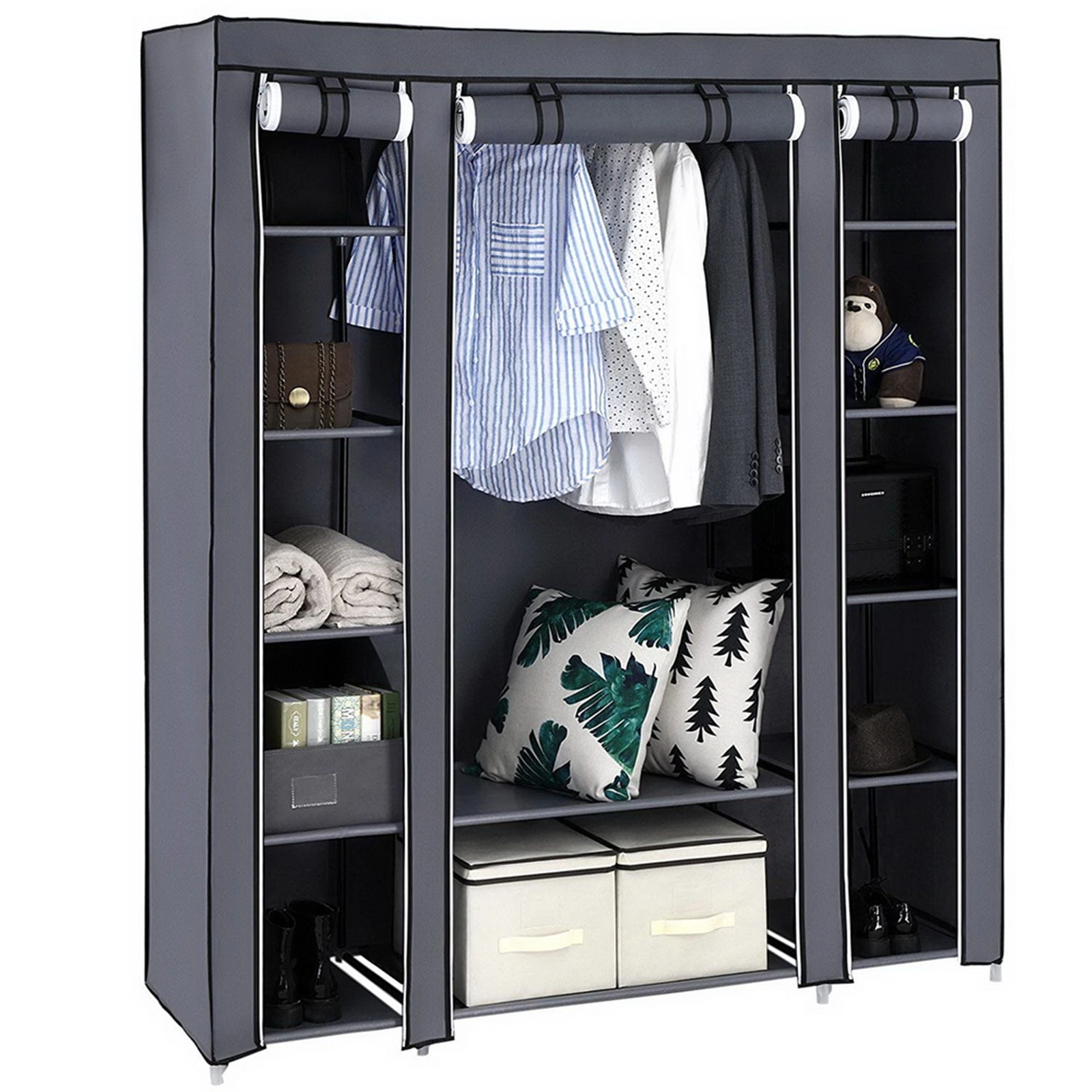 69 Inch Portable Clothes Closet Wardrobe Storage Organizer with Non-Woven Fabric, Quick Assemble, Extra Strong & Durable, Gray view 5