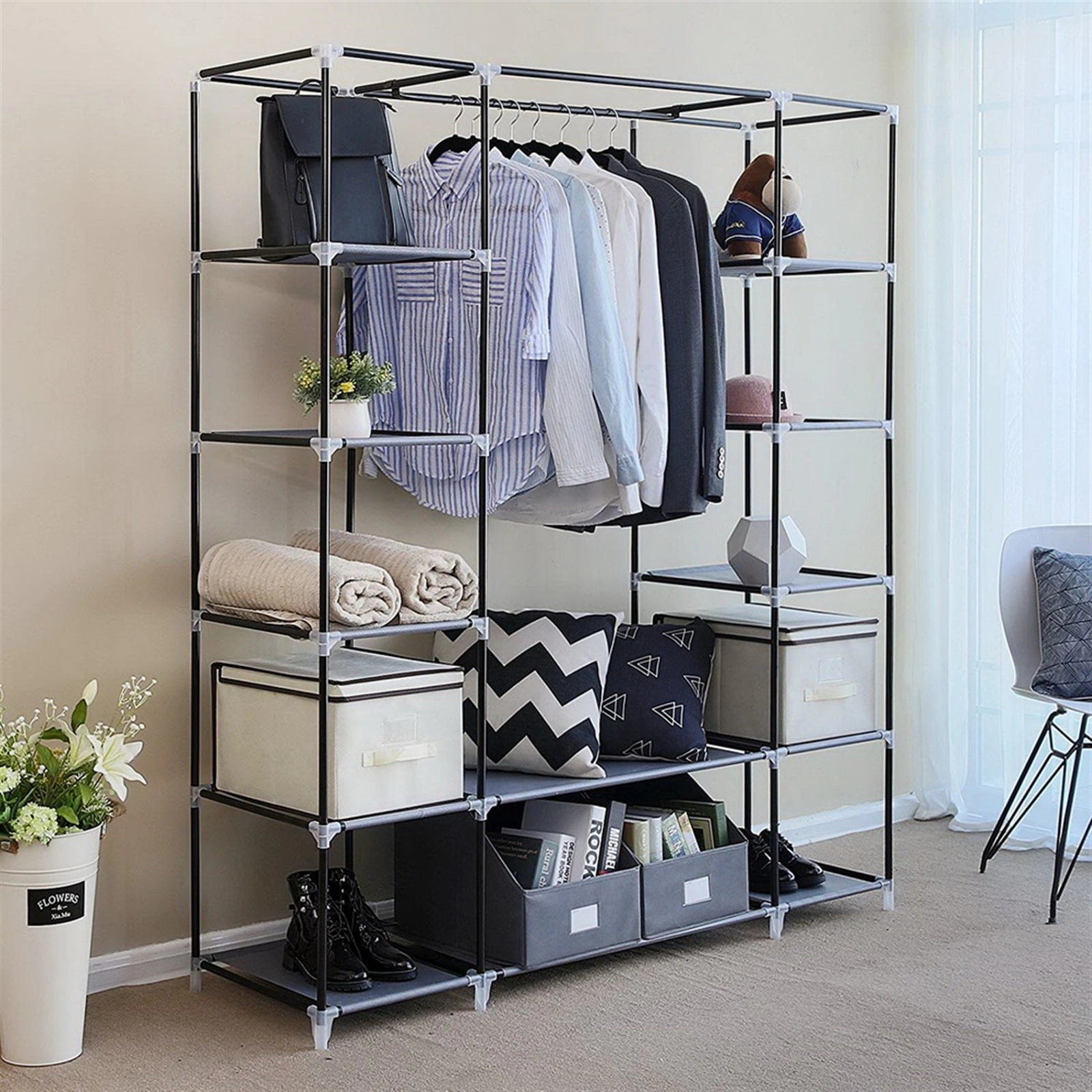 69 Inch Portable Clothes Closet Wardrobe Storage Organizer with Non-Woven Fabric, Quick Assemble, Extra Strong & Durable, Gray view 6