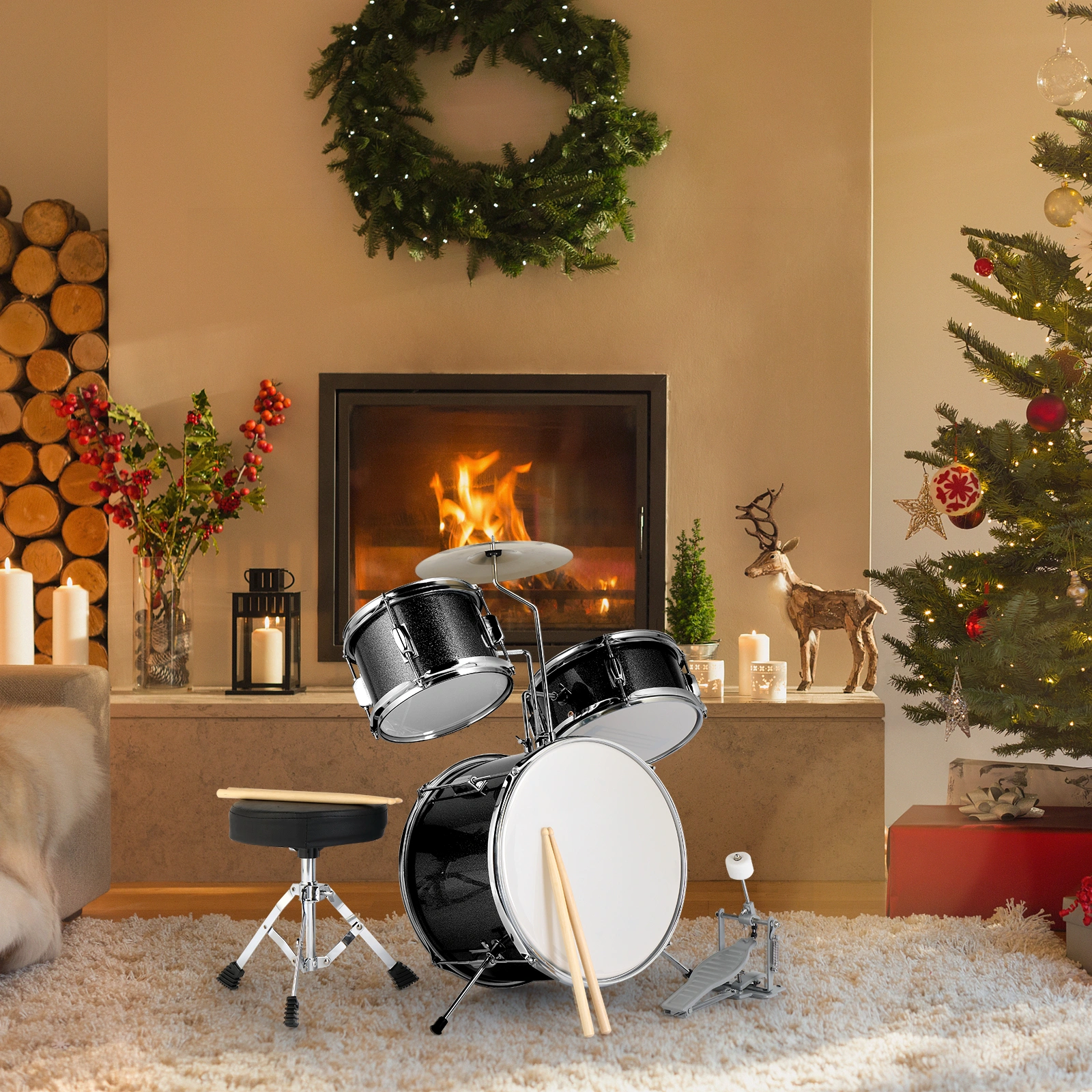 14"x10" 3-Pieces Junior Kids Drum Set Kit Pedal Drum Stick Wrench Drum Stool Black view 12