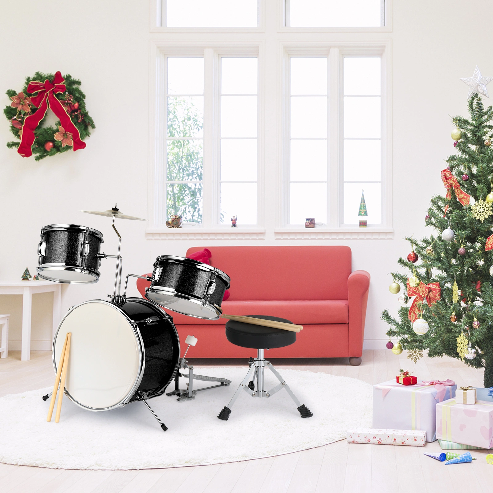 14"x10" 3-Pieces Junior Kids Drum Set Kit Pedal Drum Stick Wrench Drum Stool Black view 13