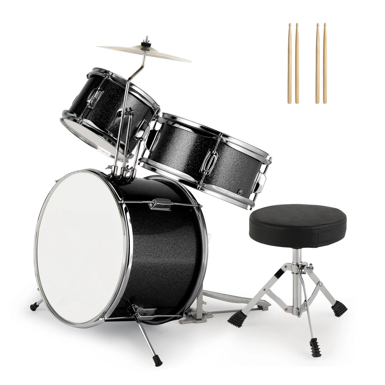 14"x10" 3-Pieces Junior Kids Drum Set Kit Pedal Drum Stick Wrench Drum Stool Black view 4