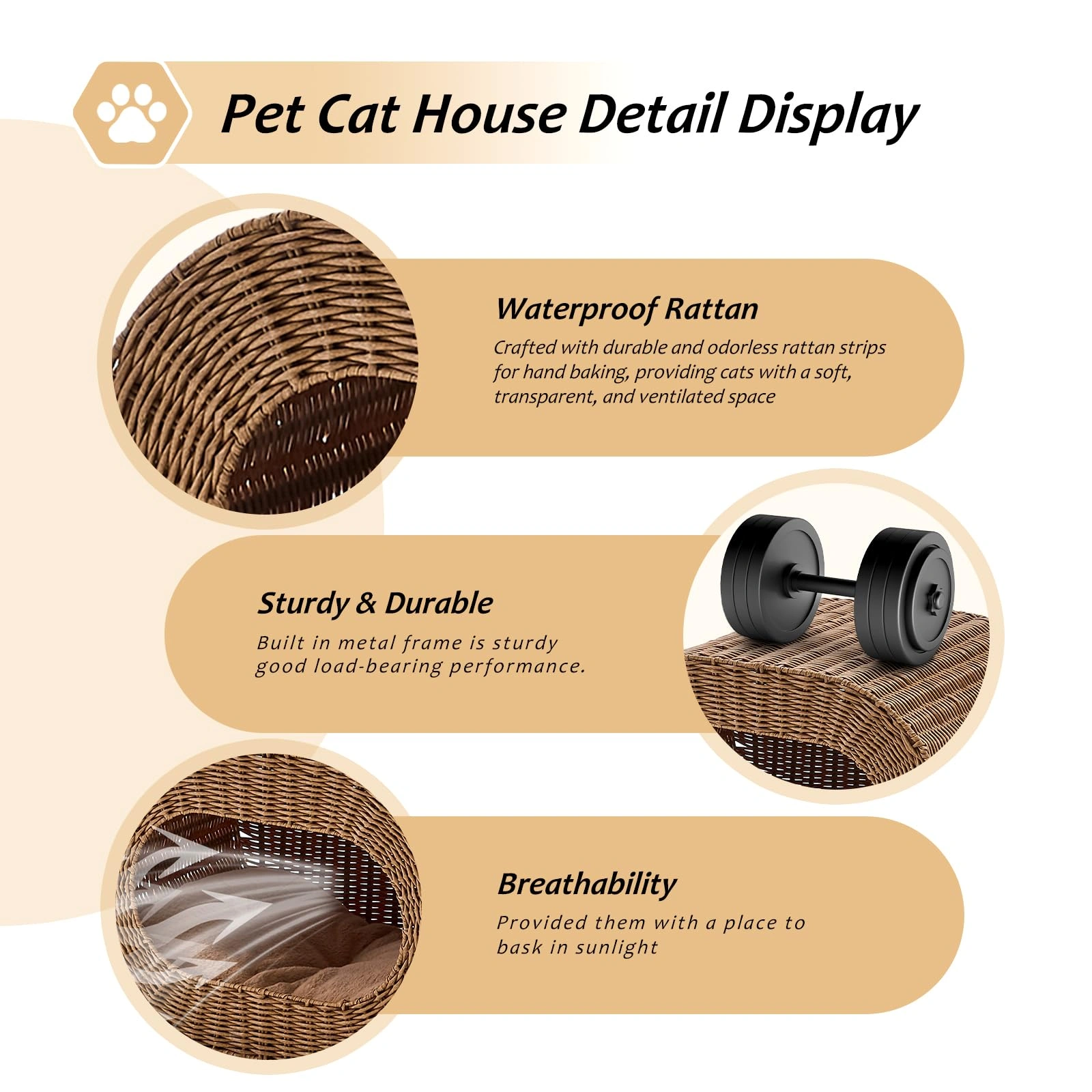Handwoven Cat Cave House - Indoor Kitten Bed with Double-Sided Seasonal Mats, Sturdy Pet House for Multiple Cats, Suitable for Living Room & Bedroom view 2