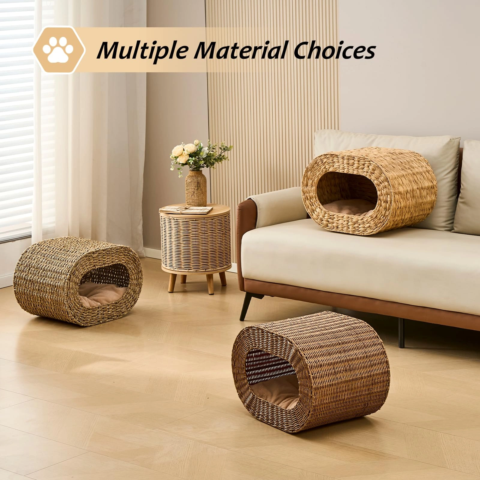 Handwoven Cat Cave House - Indoor Kitten Bed with Double-Sided Seasonal Mats, Sturdy Pet House for Multiple Cats, Suitable for Living Room & Bedroom view 7