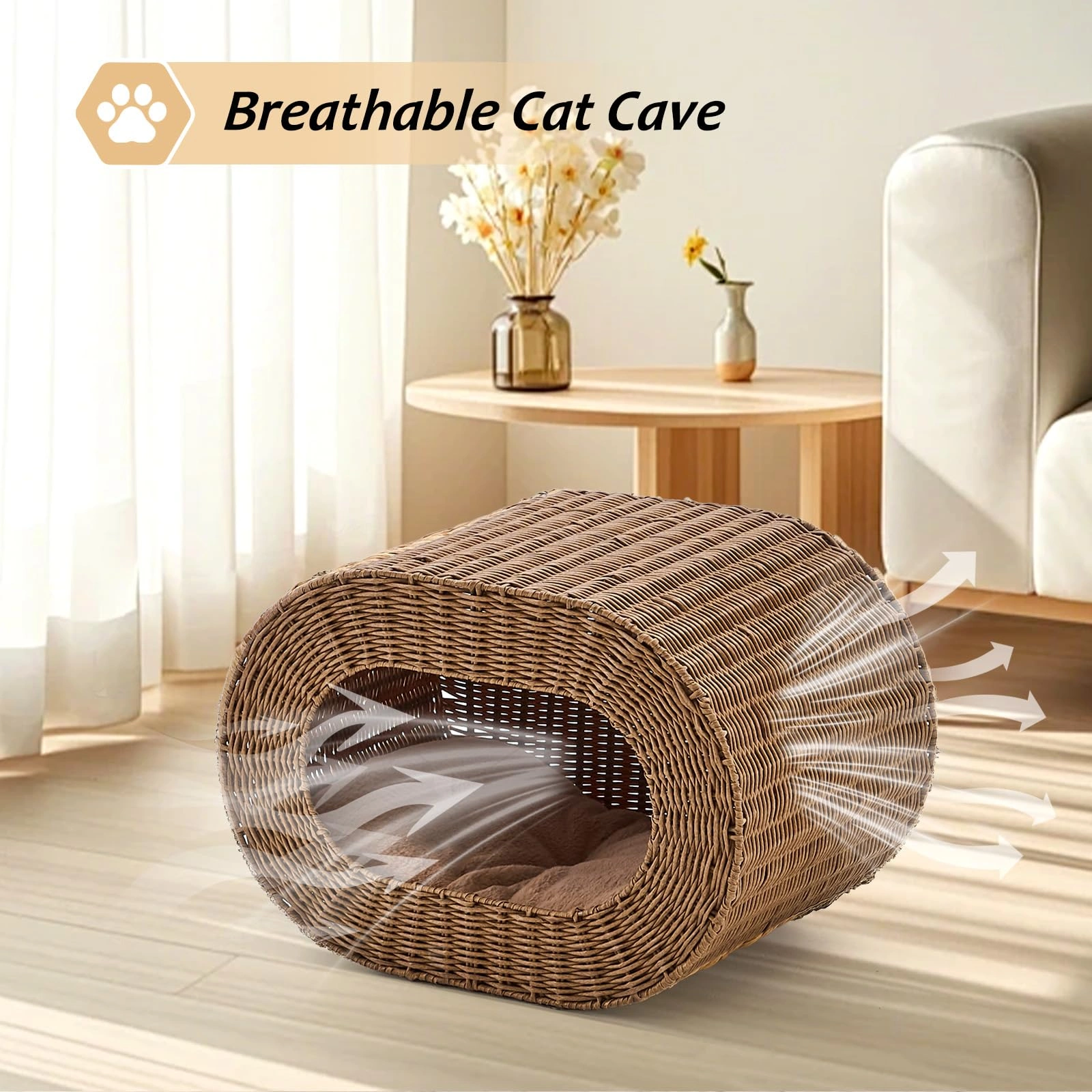 Handwoven Cat Cave House - Indoor Kitten Bed with Double-Sided Seasonal Mats, Sturdy Pet House for Multiple Cats, Suitable for Living Room & Bedroom view 8
