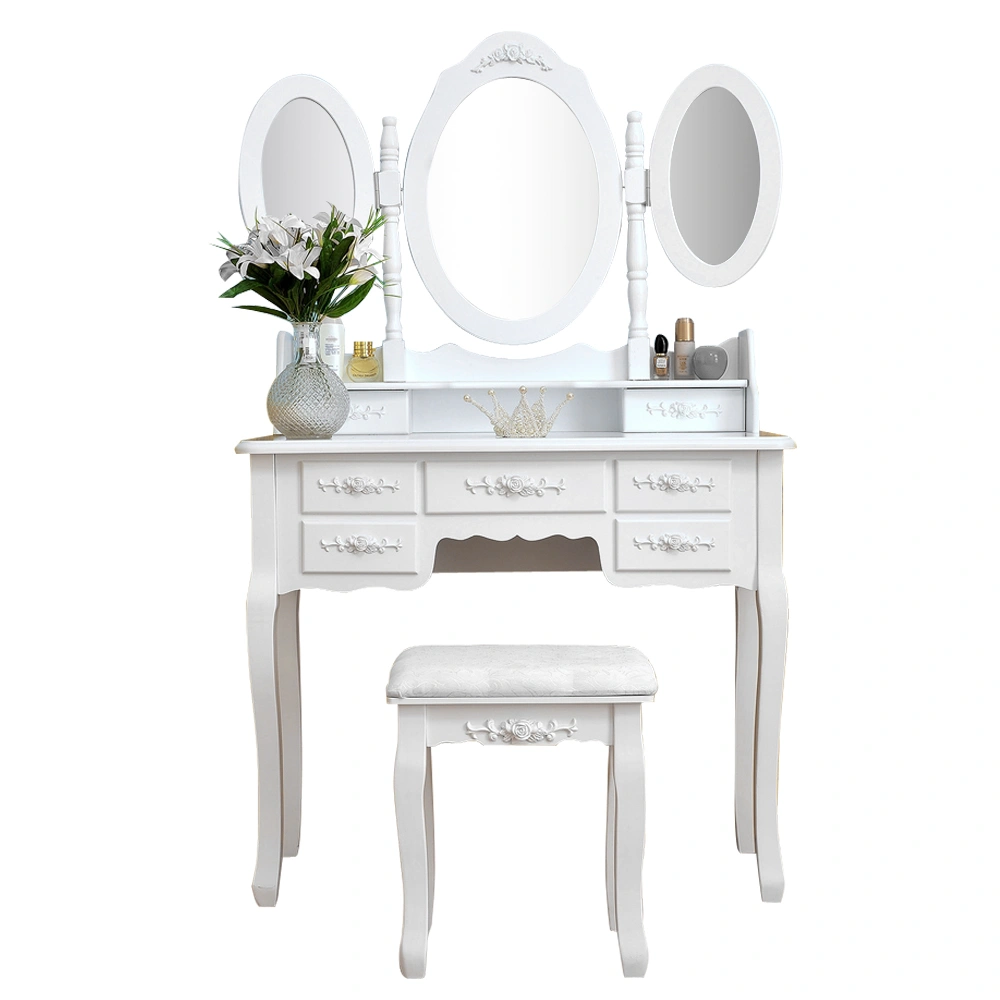 White Foldable Dressing Table with 3 Mirrors & 7 Drawers for Bedroom