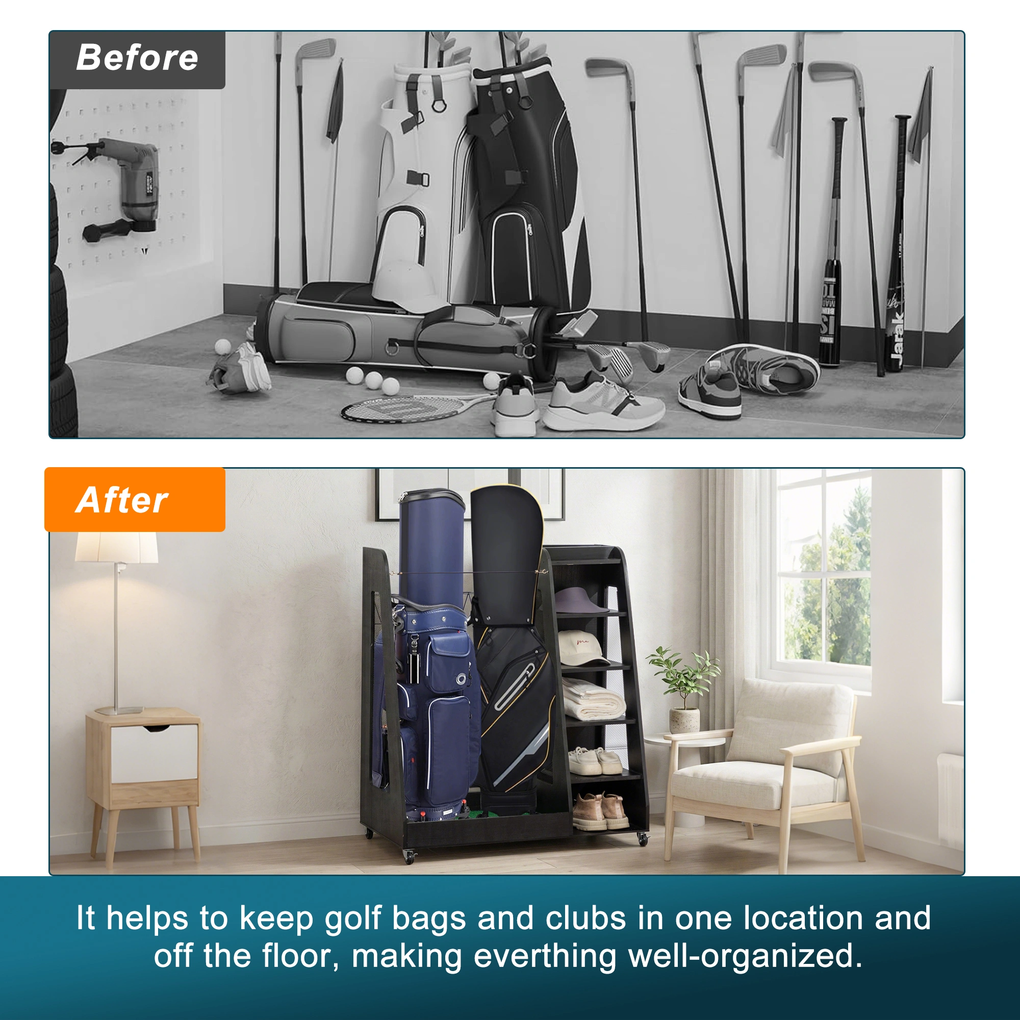 Premium Wooden Golf Club Rack - 2-Bag Heavy-Duty Garage Trunk Organizer for Car Shed Basement, Black view 5