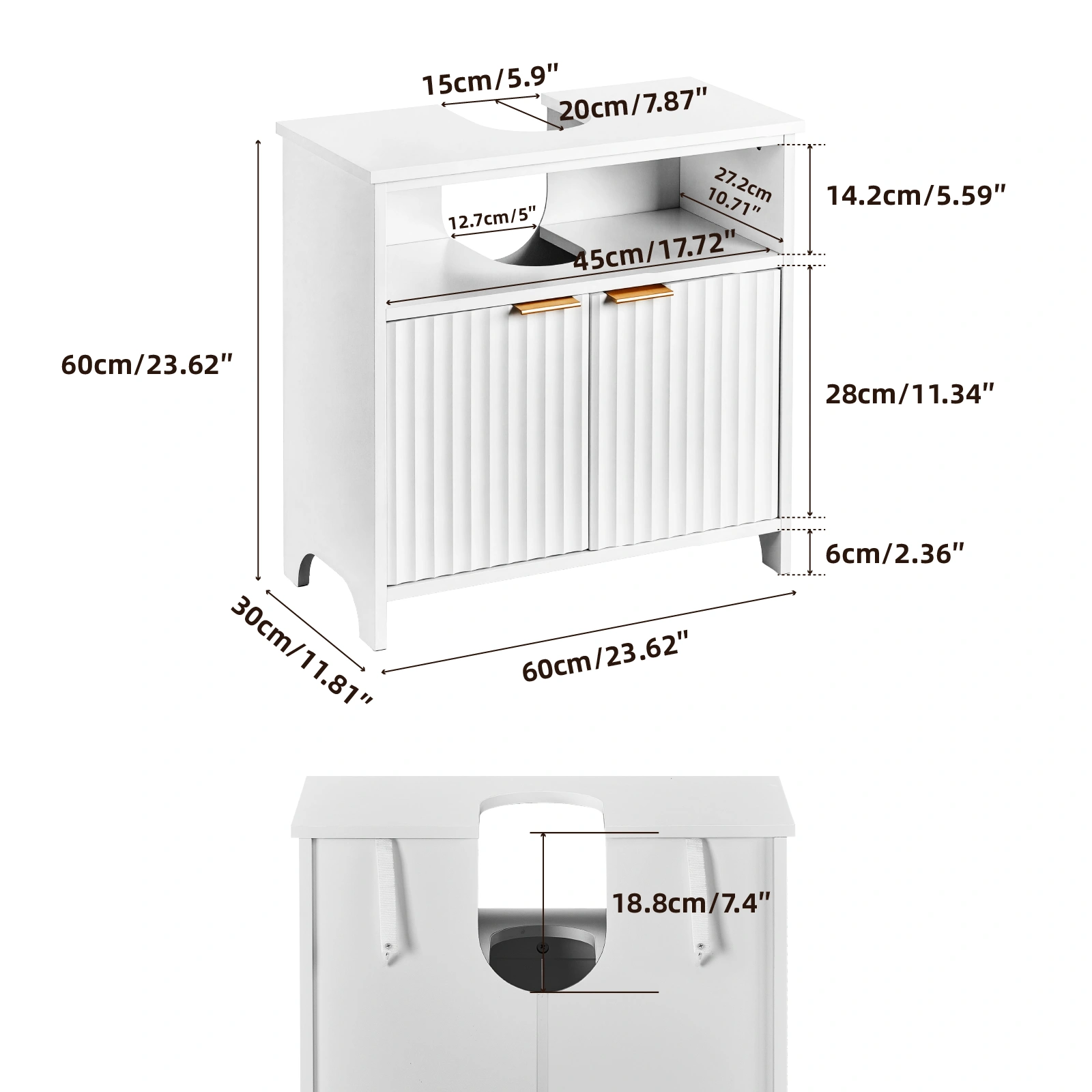 White particleboard with melamine veneer, grille thermoformed, two-door, one-shelf bathroom vanity unit, 60*30*60cm view 3