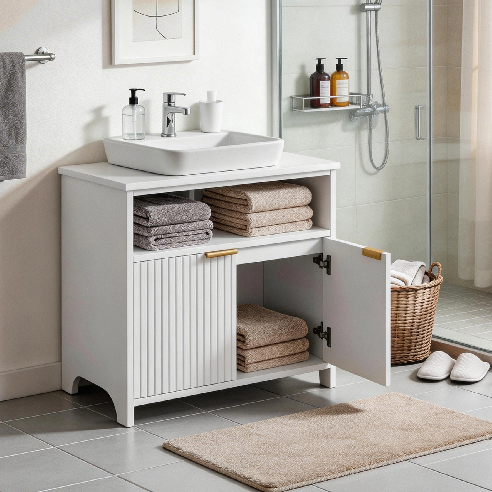 White particleboard with melamine veneer, grille thermoformed, two-door, one-shelf bathroom vanity unit, 60*30*60cm view 8