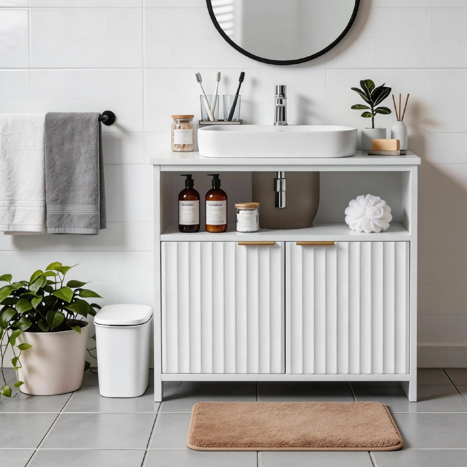 White particleboard with melamine veneer, grille thermoformed, two-door, one-shelf bathroom vanity unit, 60*30*60cm view 9
