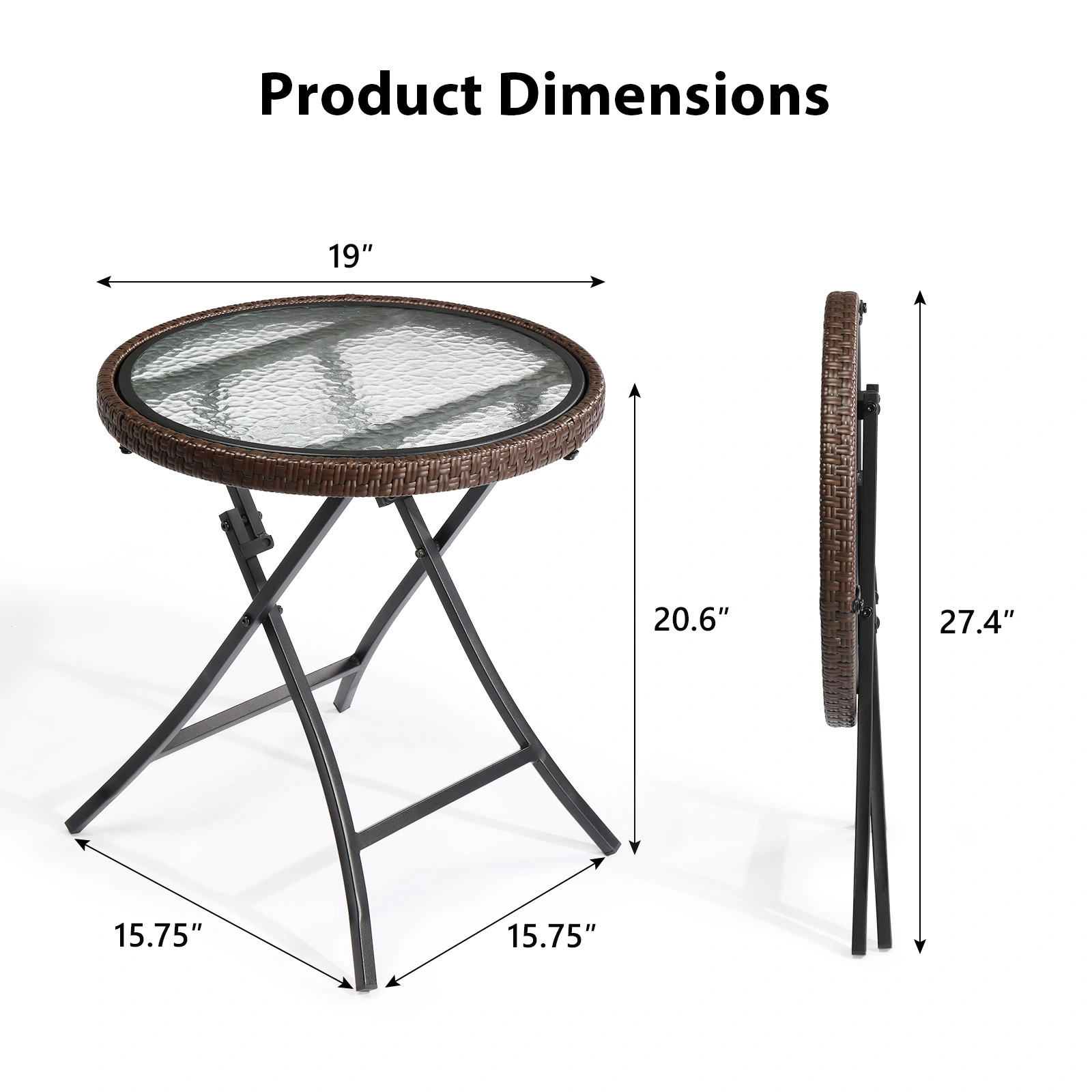 Outdoor Side Table, Round Rattan Patio Side Table, Small Foldable Wicker Table with Tempered Glass Table Top for Lawn Garden Balcony Porch Deck Pool, Brown(SAME AS17706490 view 3