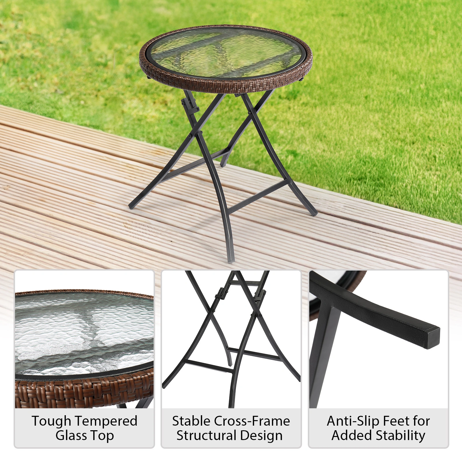 Outdoor Side Table, Round Rattan Patio Side Table, Small Foldable Wicker Table with Tempered Glass Table Top for Lawn Garden Balcony Porch Deck Pool, Brown(SAME AS17706490 view 4