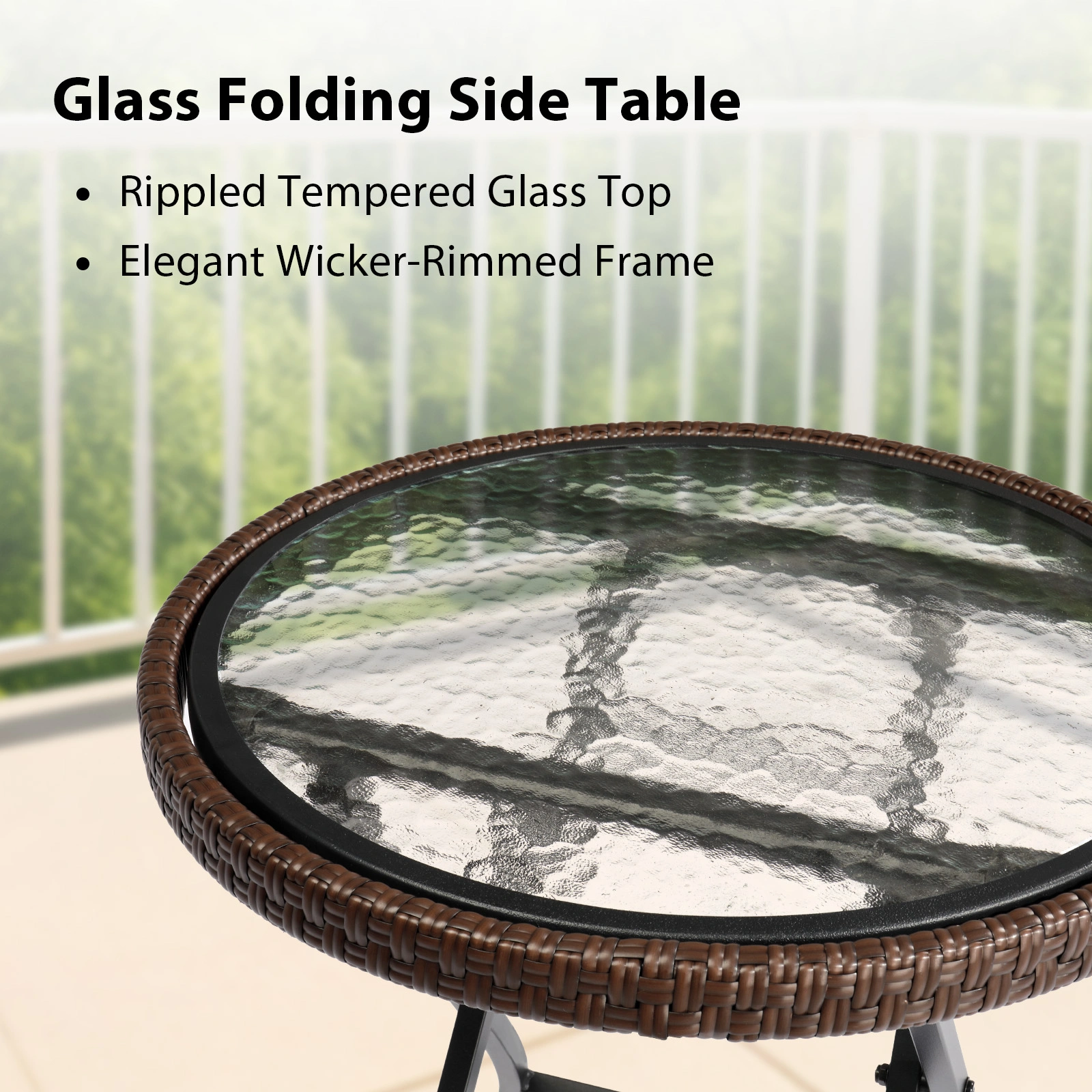 Outdoor Side Table, Round Rattan Patio Side Table, Small Foldable Wicker Table with Tempered Glass Table Top for Lawn Garden Balcony Porch Deck Pool, Brown(SAME AS17706490 view 6