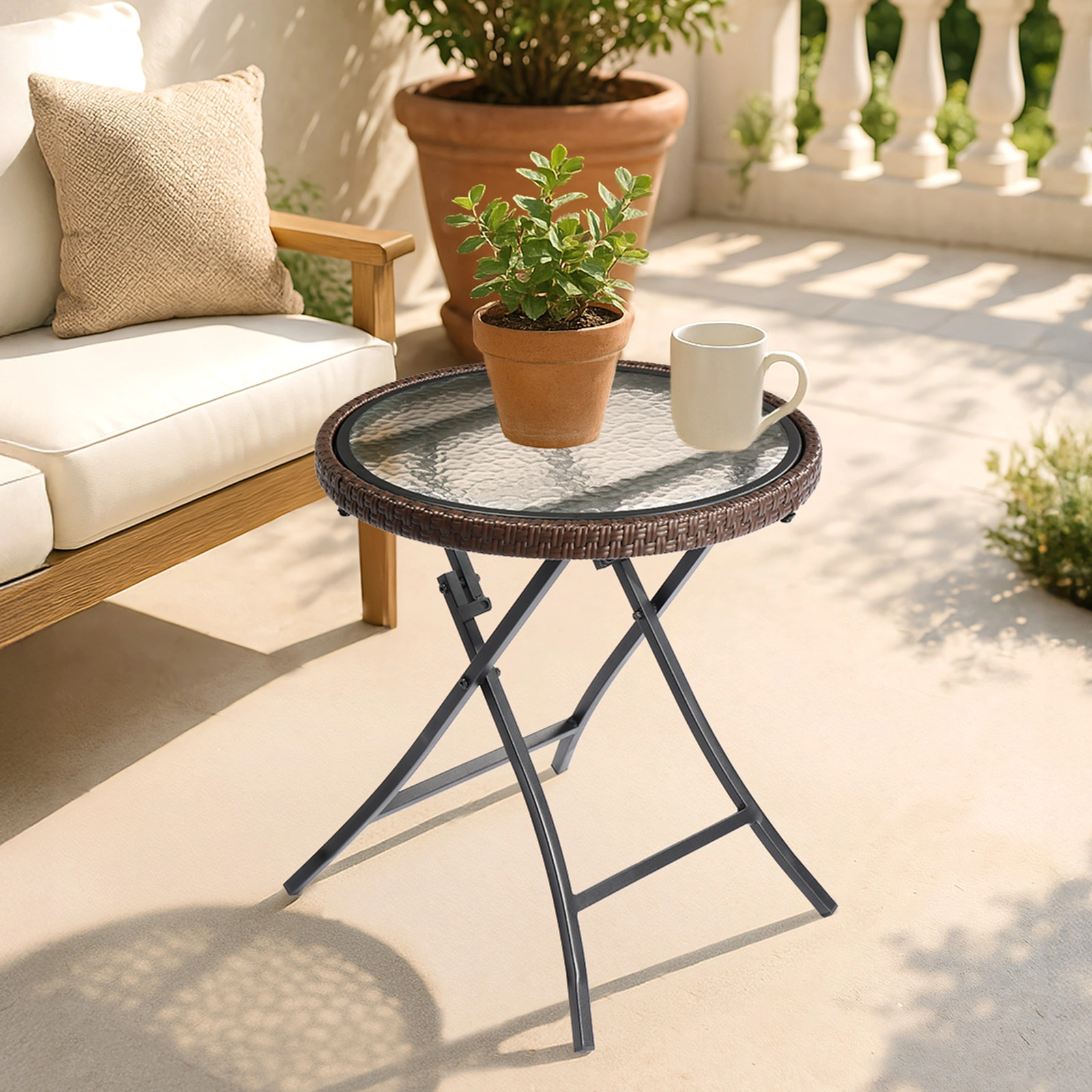 Outdoor Side Table, Round Rattan Patio Side Table, Small Foldable Wicker Table with Tempered Glass Table Top for Lawn Garden Balcony Porch Deck Pool, Brown(SAME AS17706490 view 7