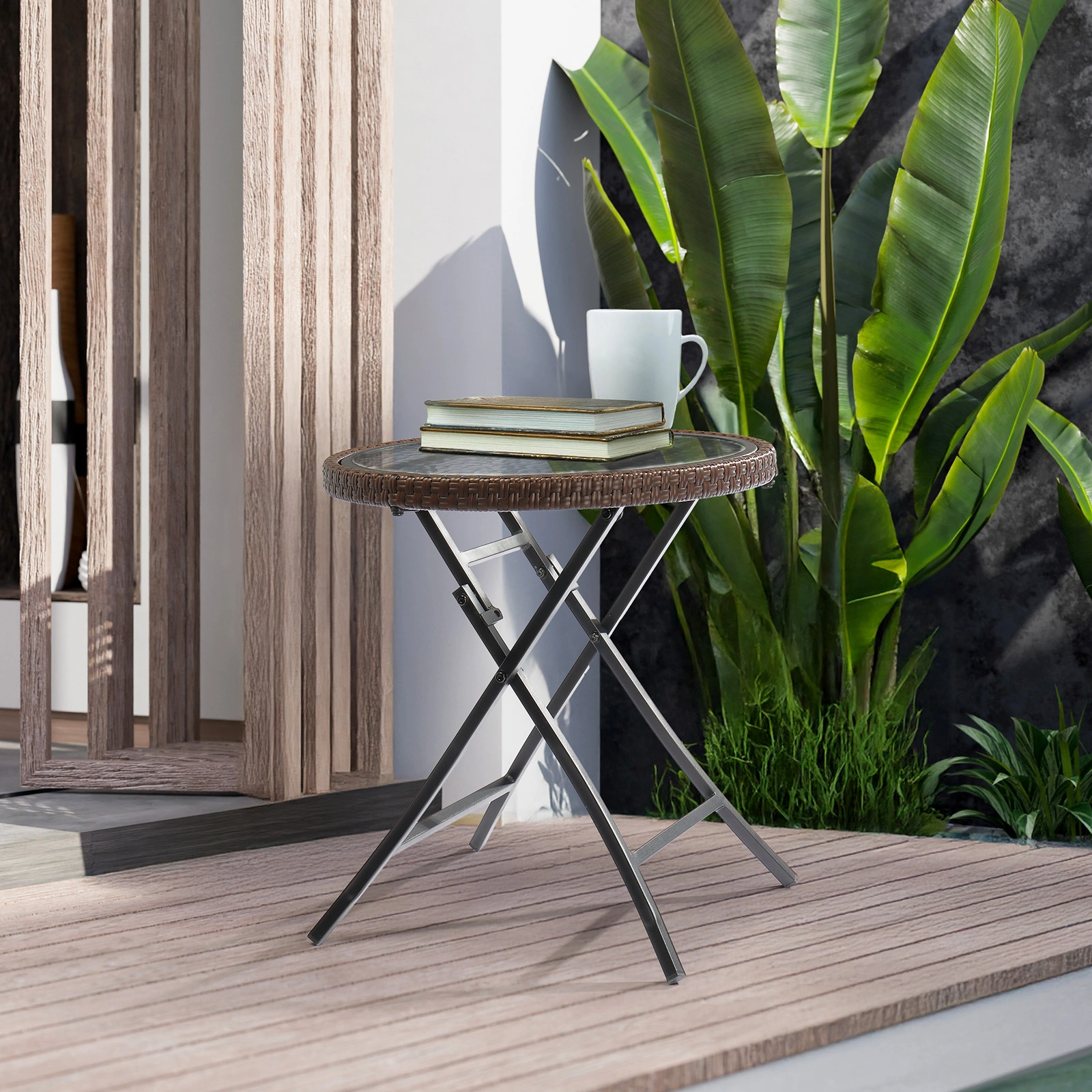 Outdoor Side Table, Round Rattan Patio Side Table, Small Foldable Wicker Table with Tempered Glass Table Top for Lawn Garden Balcony Porch Deck Pool, Brown(SAME AS17706490 view 8