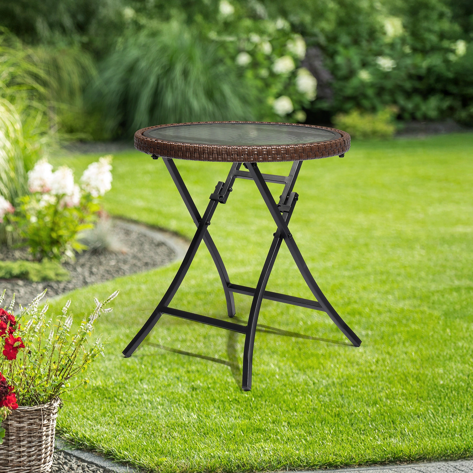 Outdoor Side Table, Round Rattan Patio Side Table, Small Foldable Wicker Table with Tempered Glass Table Top for Lawn Garden Balcony Porch Deck Pool, Brown(SAME AS17706490 view 9