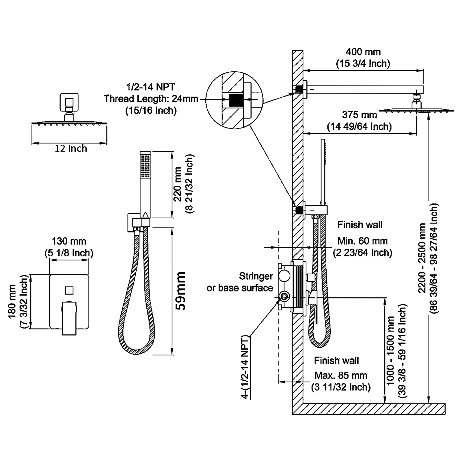 12" Rainfall Shower Head Wall Mounted Shower System Faucet Combo with Handheld Sprayer view 7
