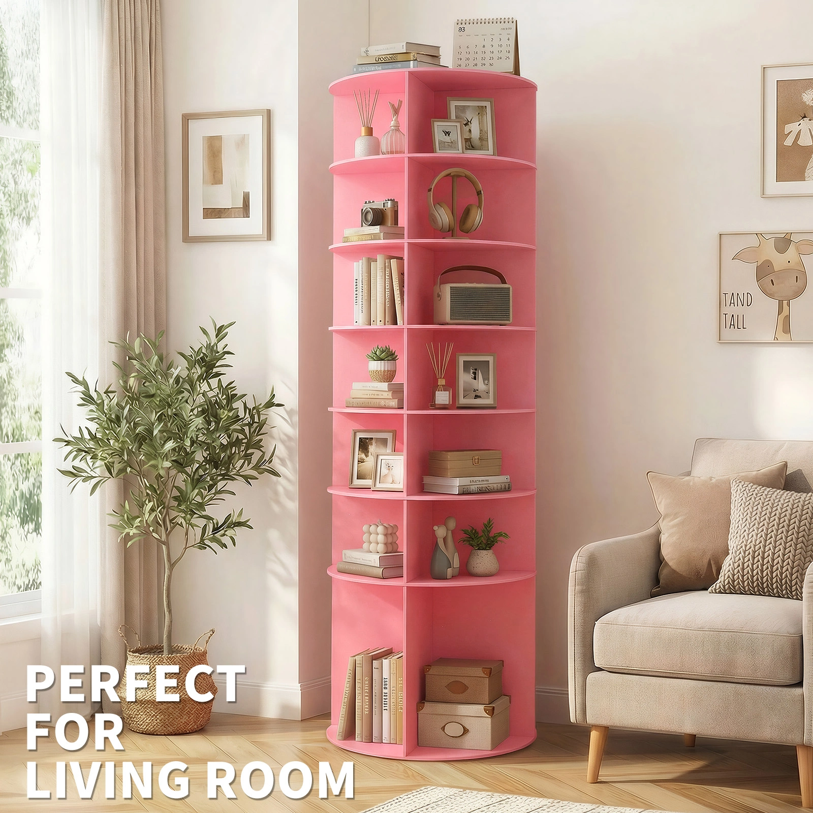 7-tier, 360° rotating wood-plastic composite shoe rack, 60*60*184cm, pink view 12