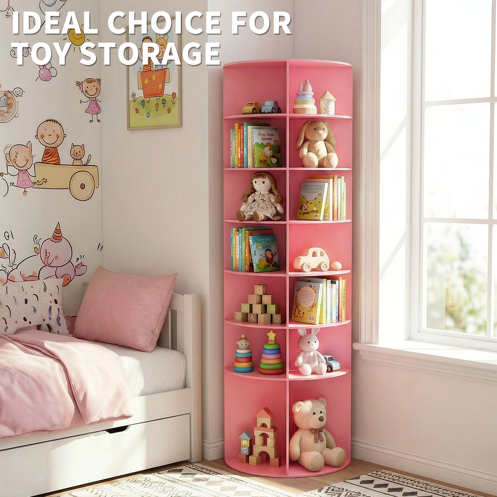 7-tier, 360° rotating wood-plastic composite shoe rack, 60*60*184cm, pink view 14